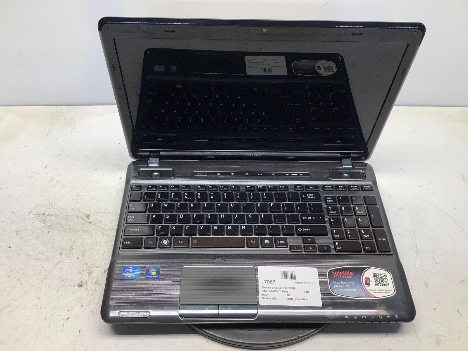 Toshiba Satellite P755-S5265 Intel i5-2410M 2.3GHz 6 GB NO HDD