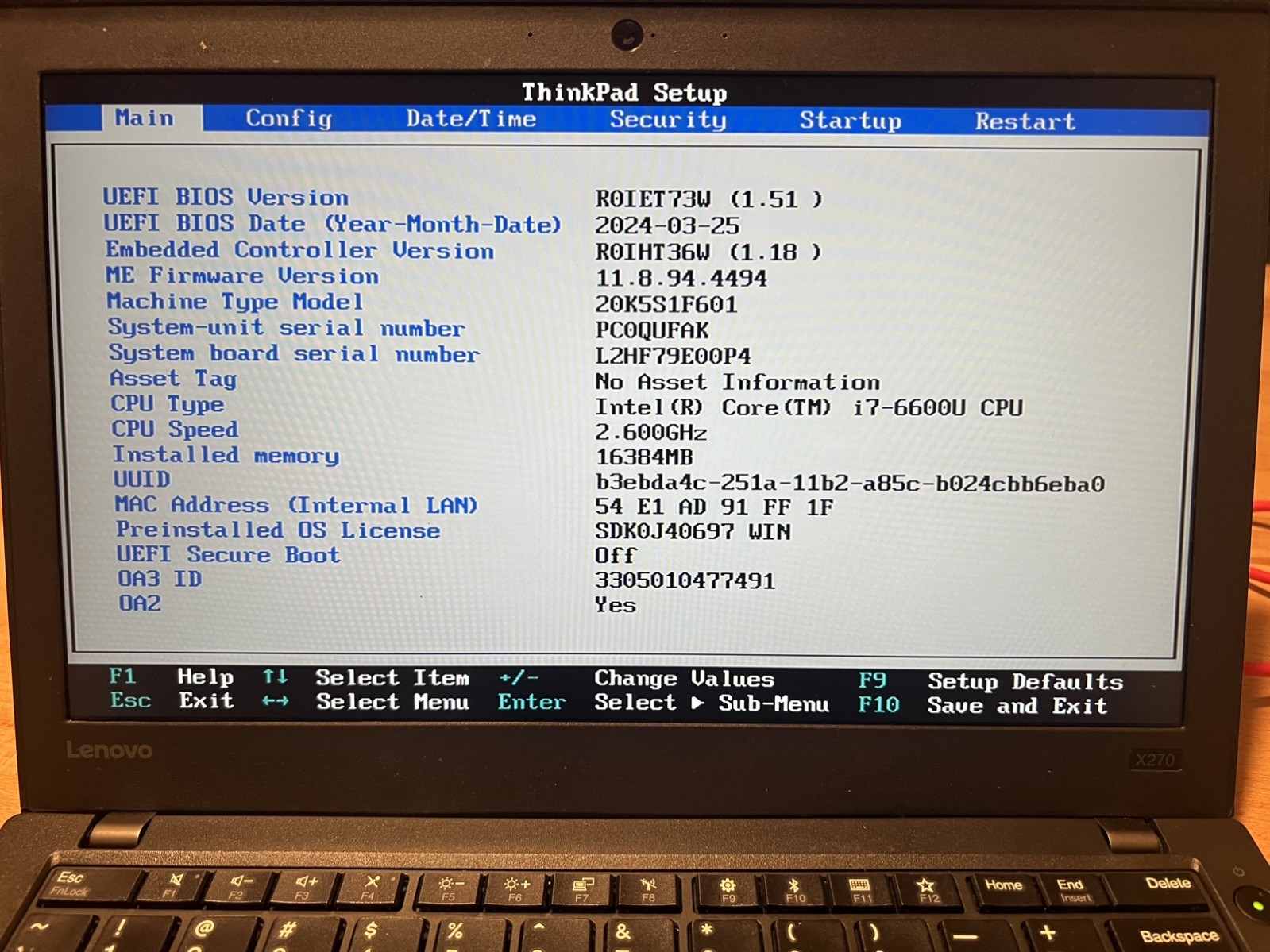 Lenovo ThinkPad X270 12.5″ i7-6600U@2.60GHz 16GB RAM 500GB HDD