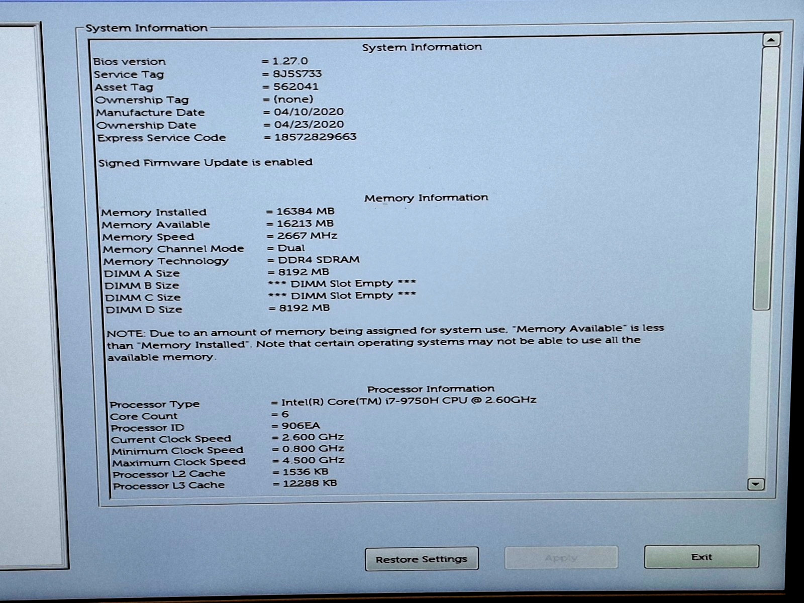 Dell Precision 7540 15.6″ Laptop Core i7-9750H 16GB RAM 256GB SSD Webcam Wifi