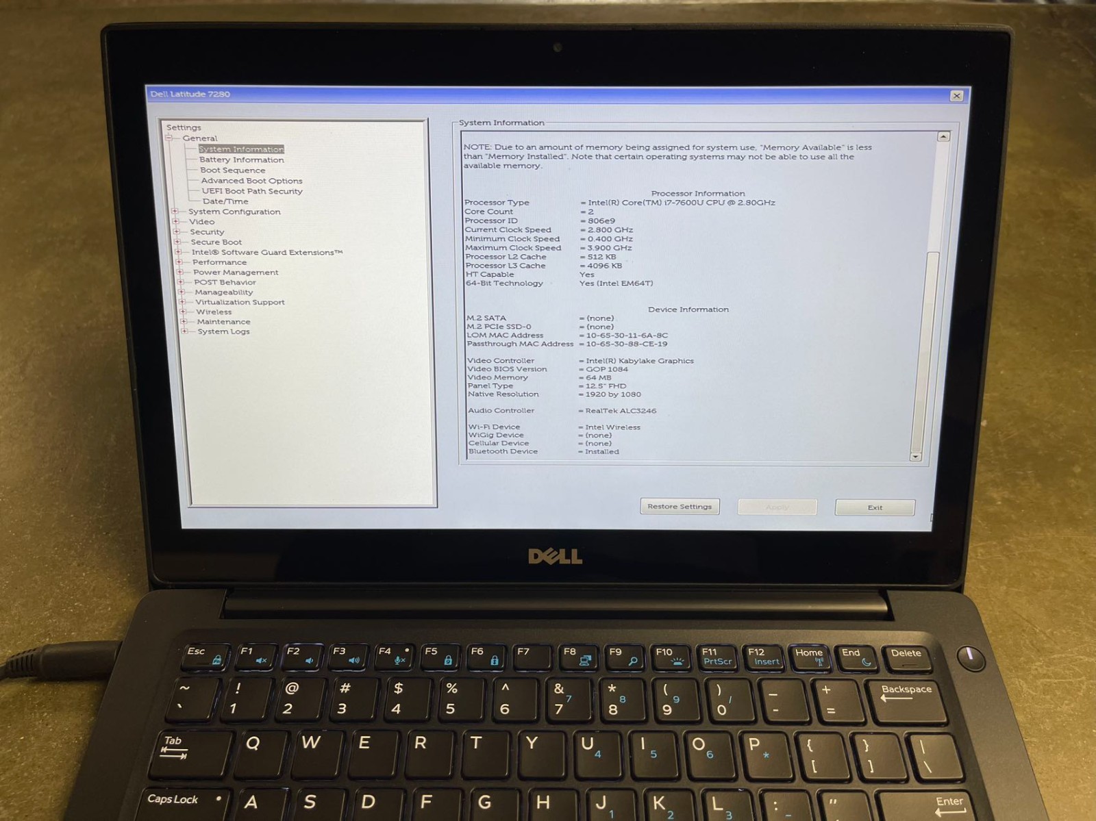 LOTX4 Dell Laptop Latitude 7280 Touchscreen 12.5″ i7-7600U MOTHERBOARD KEYBOARD