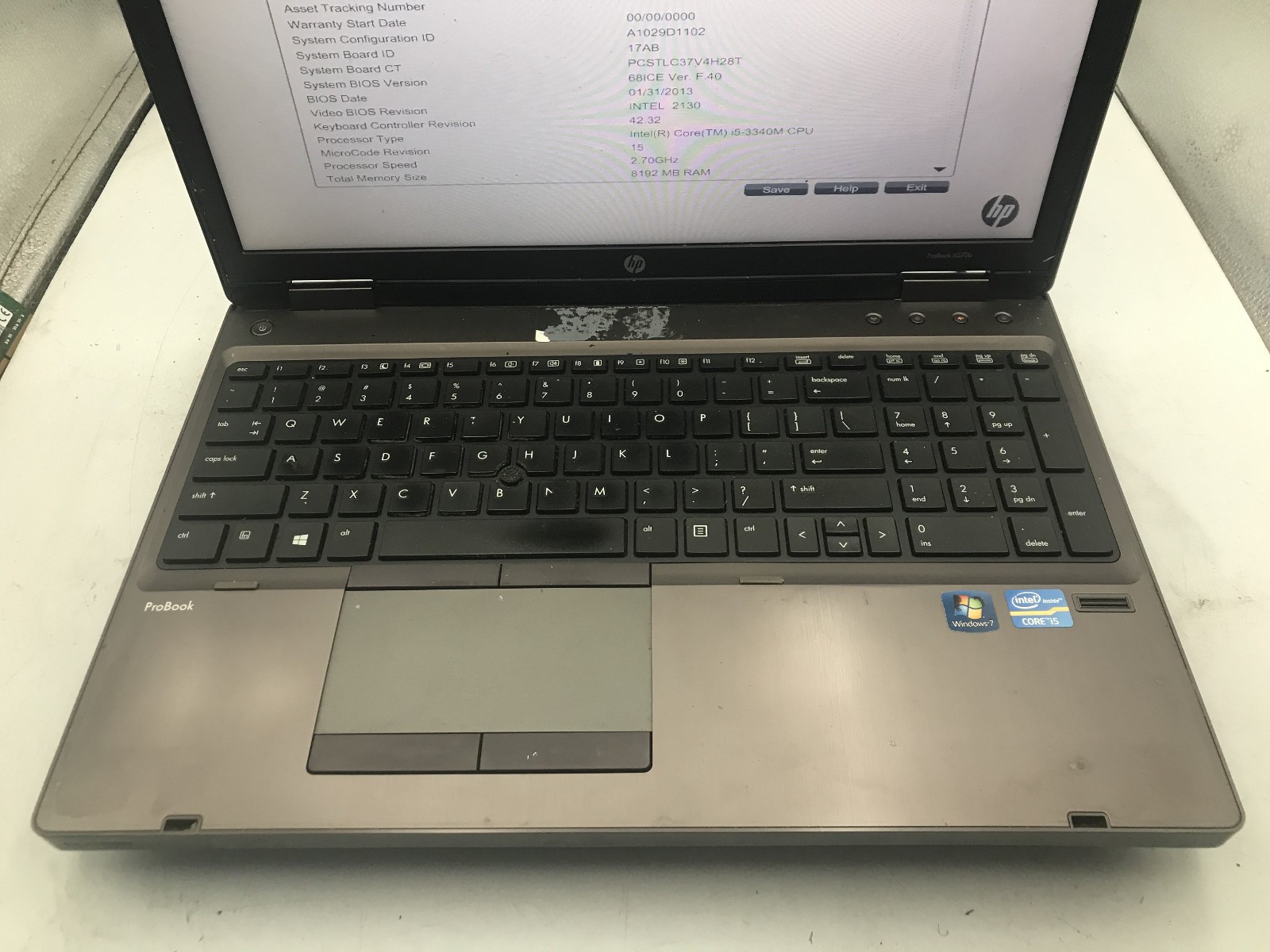 HP PROBOOK 6570B – BOOTS TO BIOS – INTEL I5 3340M – NO RAM – READ – BB