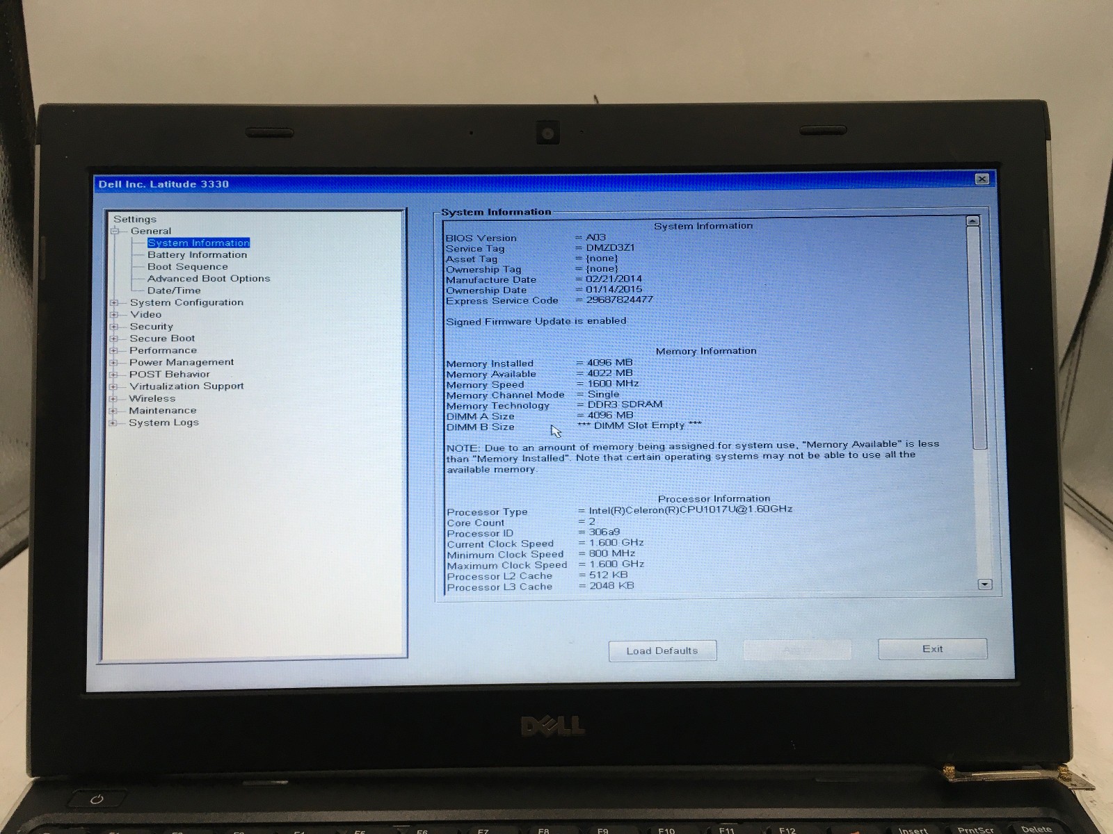 DELL LATITUDE 3330 – BOOTS TO BIOS/BAD HINGE – INTEL CELERON – 4GB RAM -READ- BB