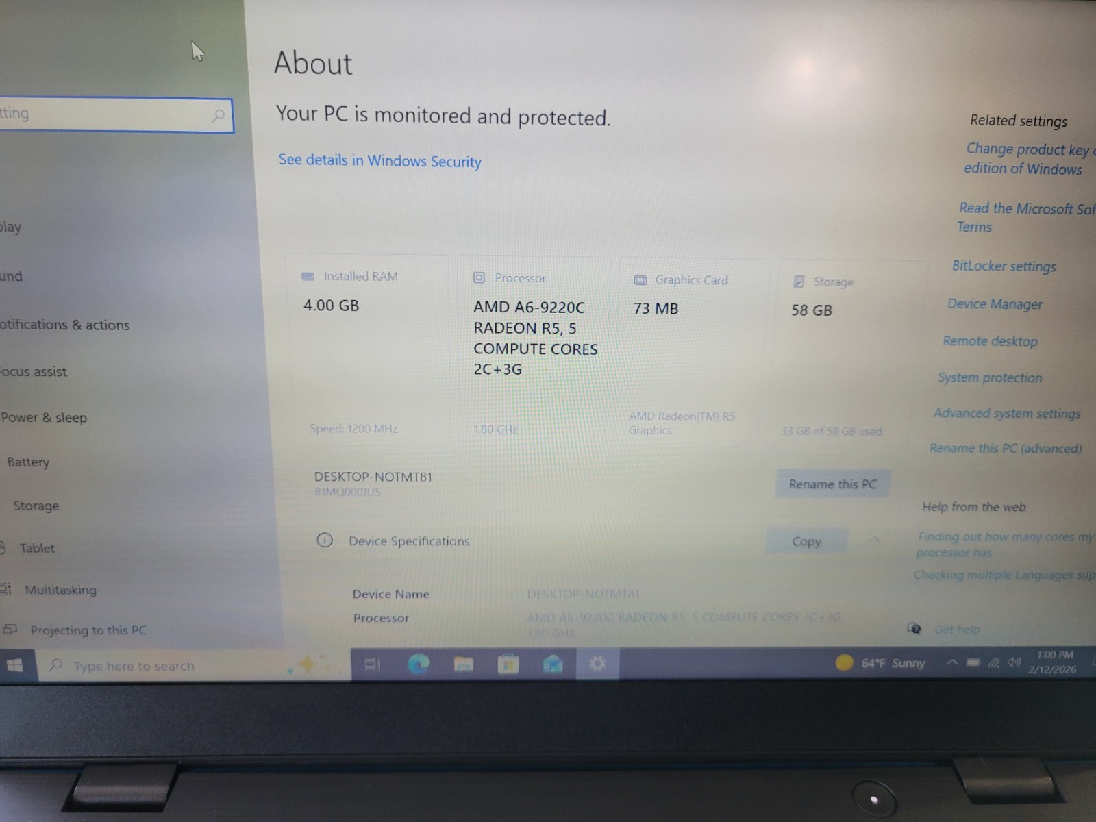 This Is a Lenovo 14 Model: TYPE 81MQ- 000JUS – Used, Clean Win Installed