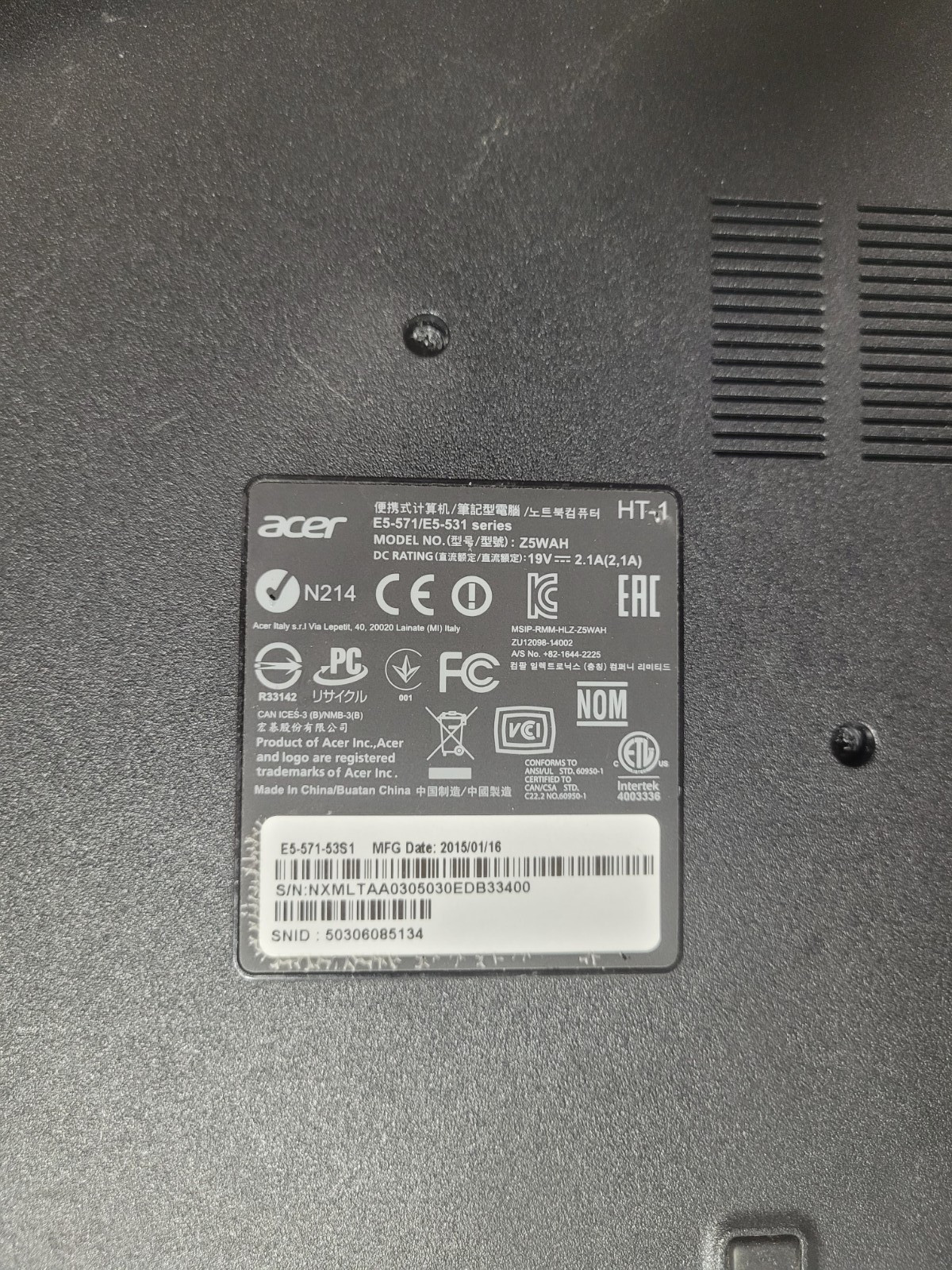 ACER ASPIRE E5-571 w/i5-5200U, 4GB RAM, 500GB HDD Laptop for Repair #0406