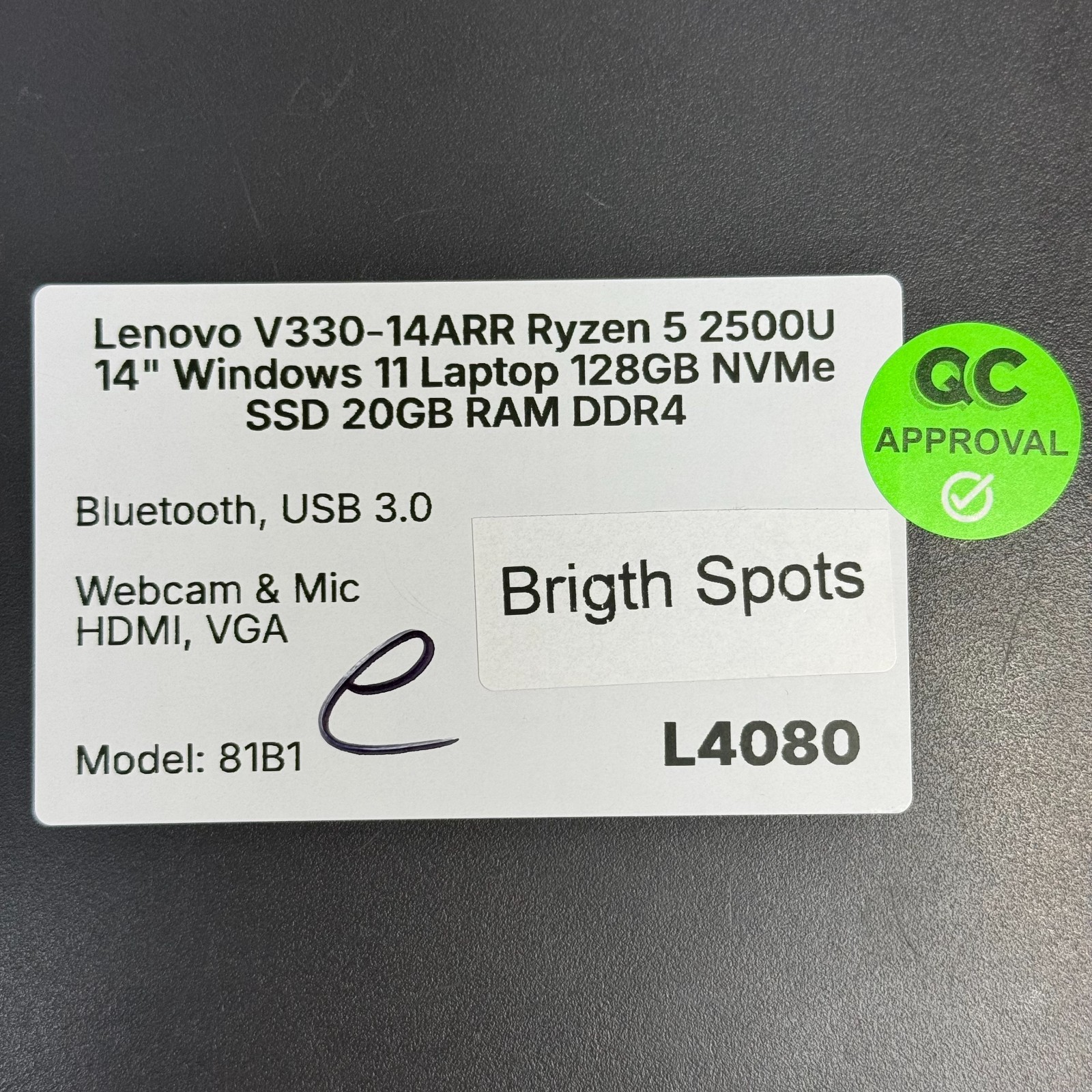 Lenovo V330-14ARR 5 2500U 14″ Windows 11 Laptop 128GB SSD 20GB **WEAR**