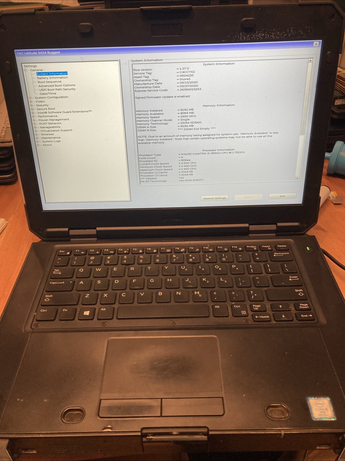 Dell Latitude 5424 Rugged 14″ FHD Intel i5-8350U 8GB RAM No HDD No Battery