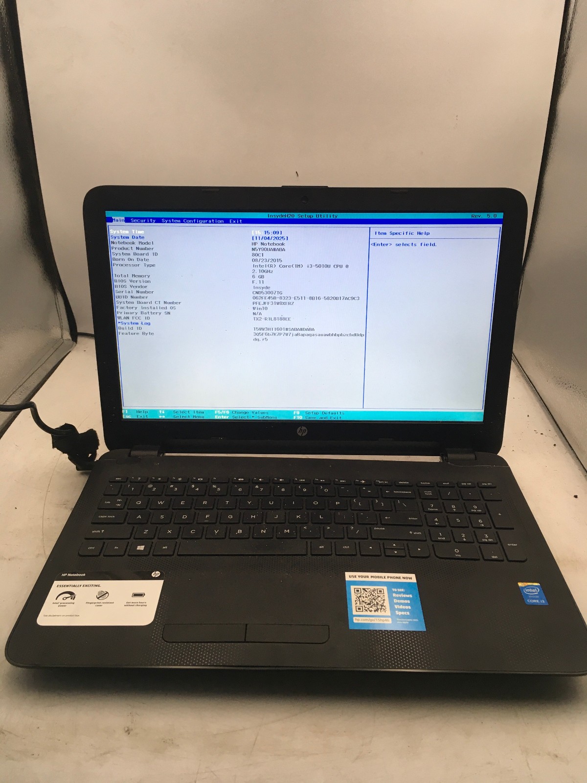 HP 15 AC121DX – BOOTS TO BIOS – INTEL I3 5010U – 6GB RAM – READ DESCRIPTION – BB