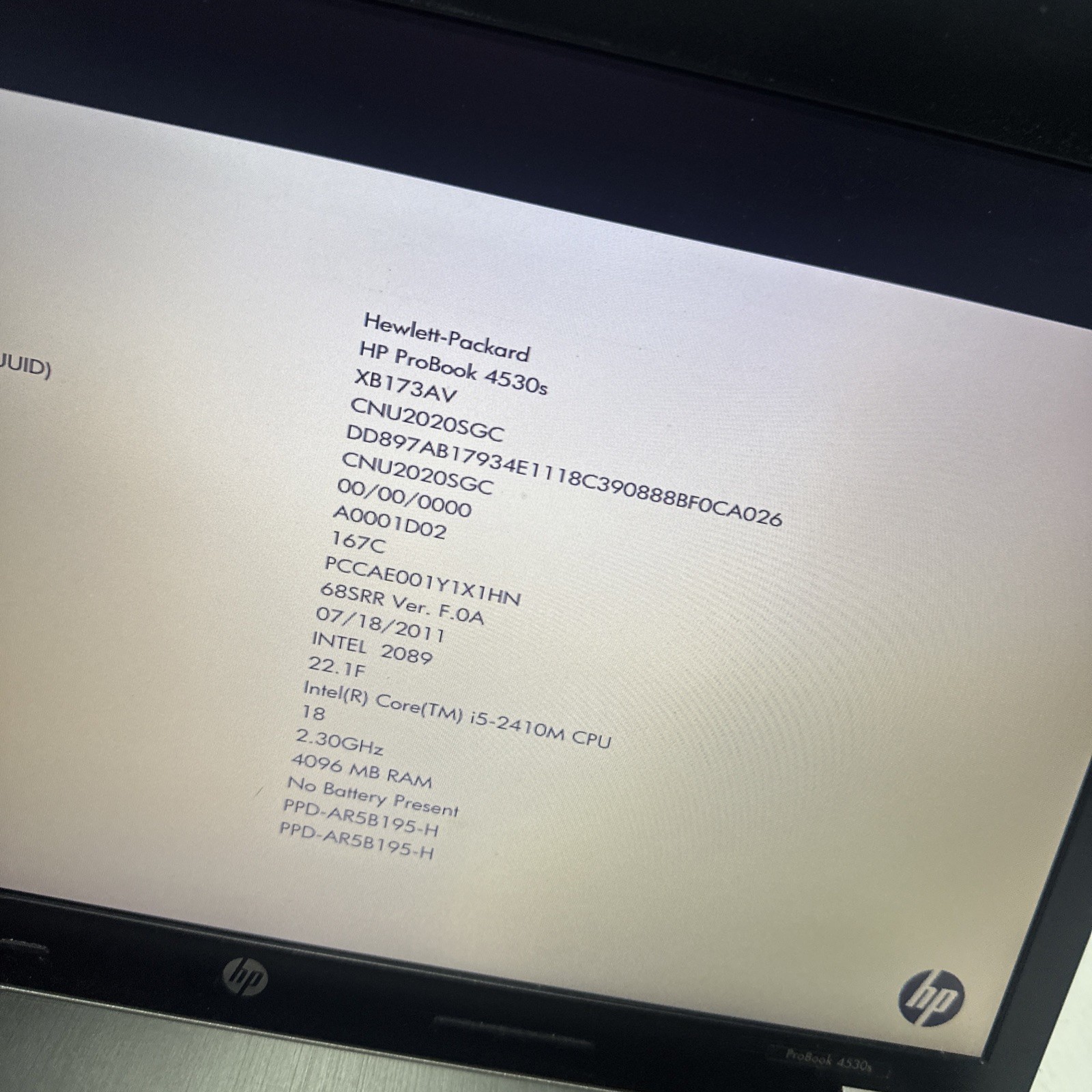 Hp Probook 4530s 15″ Laptop i5-2410m 4gb Ram No Drives Boots Bios NO P/S
