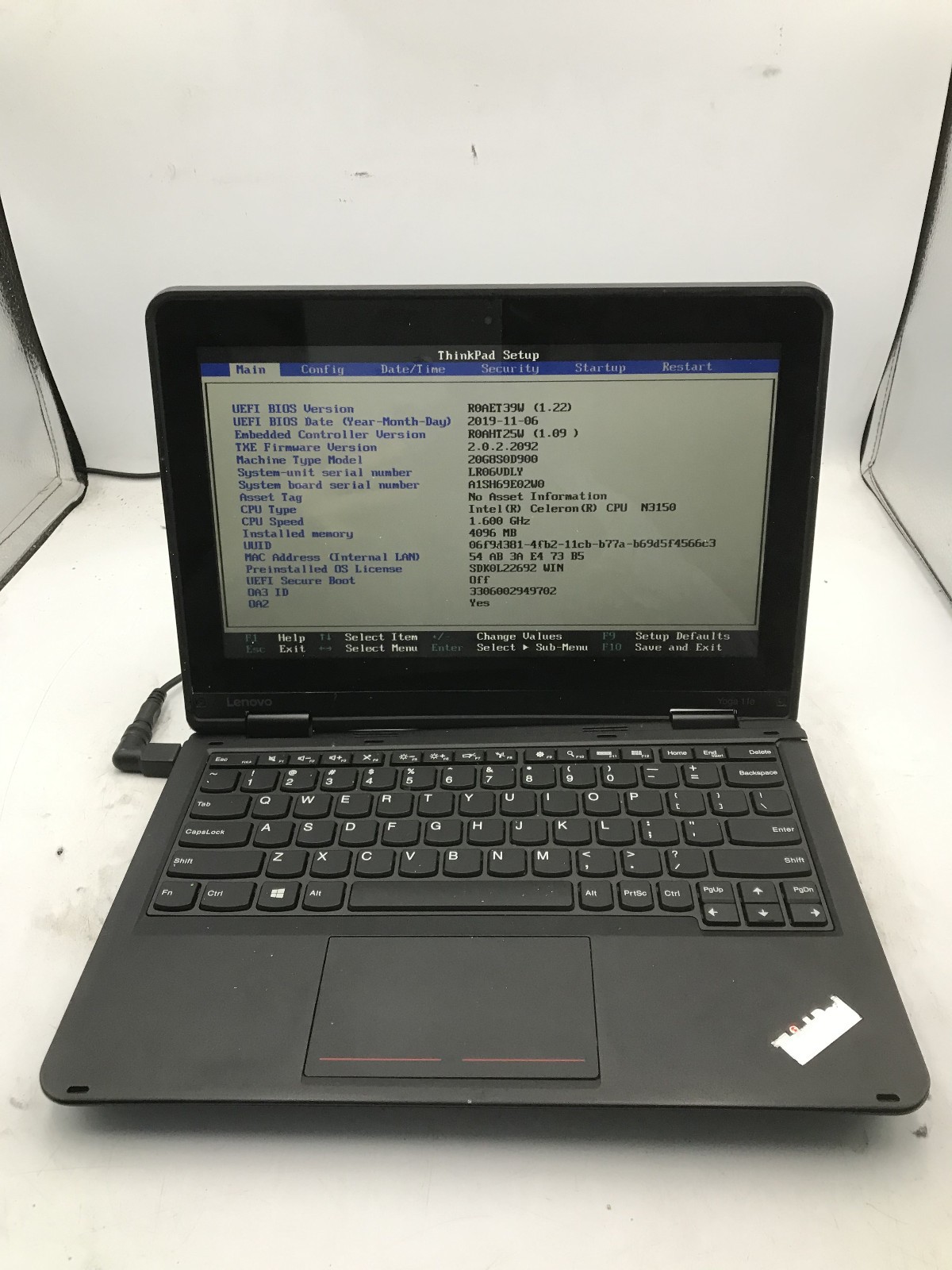 LENOVO THINKPAD YOGA 11E – BOOTS TO BIOS – INTEL CELERON – NO RAM -READ DESC- BB