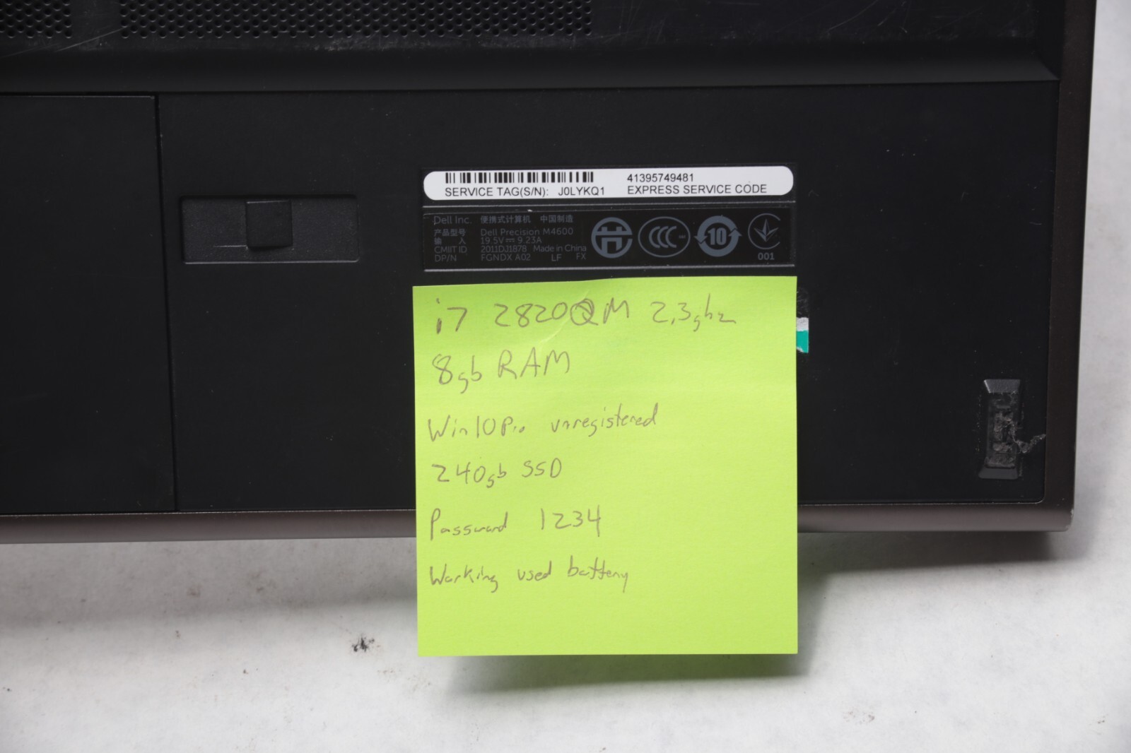 DELL PRECISION M4600 i7-2720qm 2.3ghz 8GB RAM 240gb SSD SATA WIN 10 PRO 051