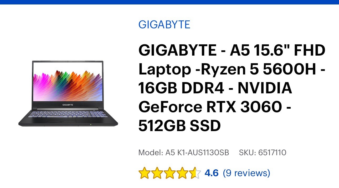 GIGABYTE Notebook A5 K1 15.6″ Ryzen 5 5600H 3.3GHz 16GB RAM 512GB SSD RTX 3060