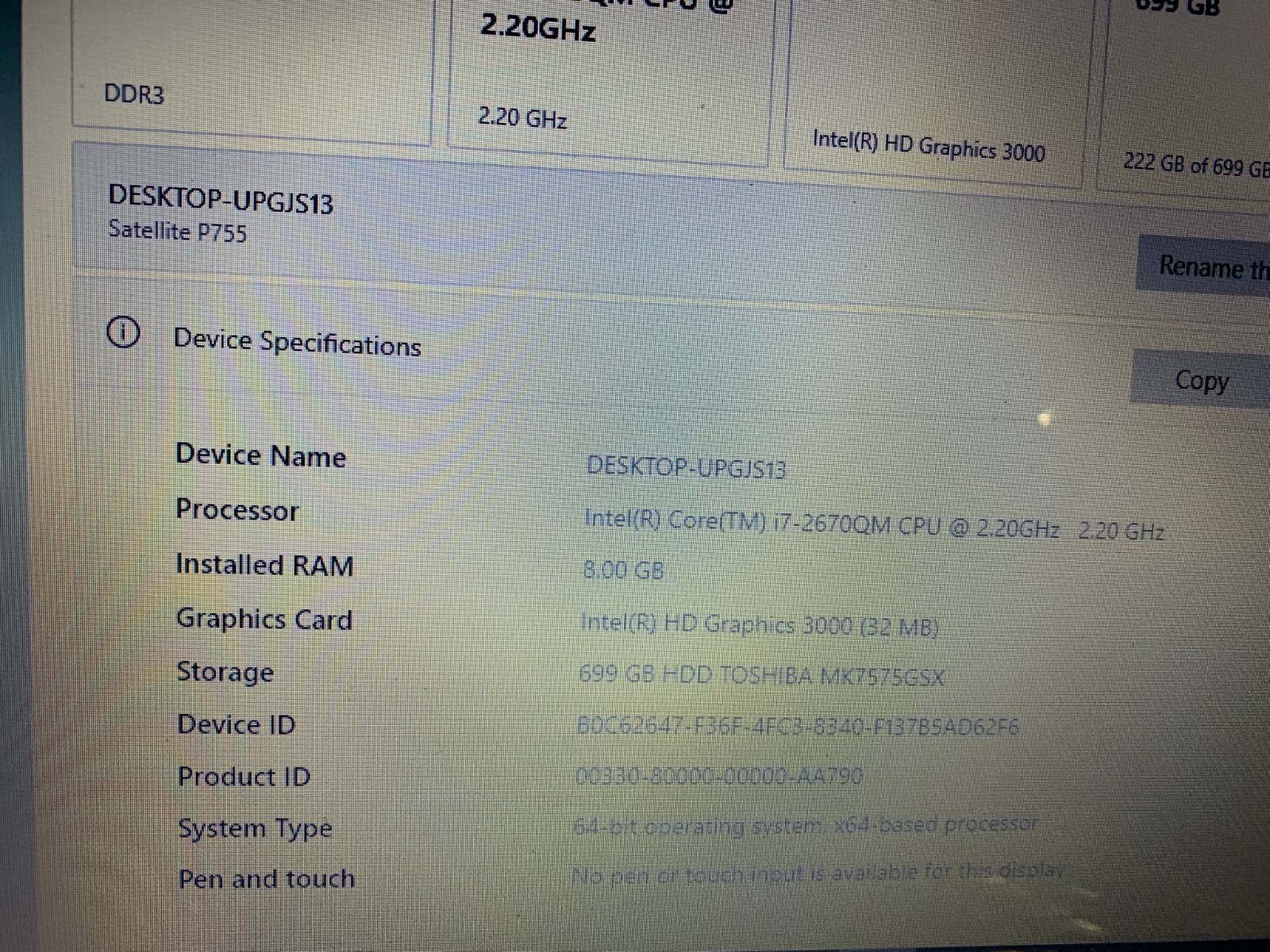 LAPTOP INTEL icore 7 cpu 2.20GHz 32mb Graphic card storage 699GB 64 SYSTEM