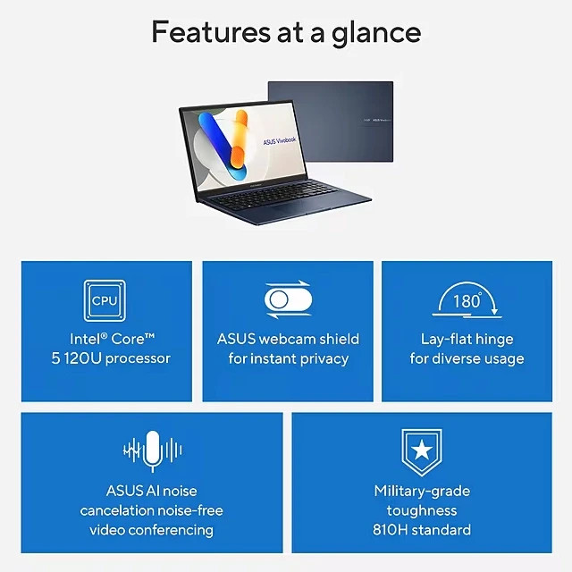 ASUS Vivobook FHD 15.6″ Laptop, Intel Core 5 120U, 16GB RAM, 512 GB SSD, Backlit