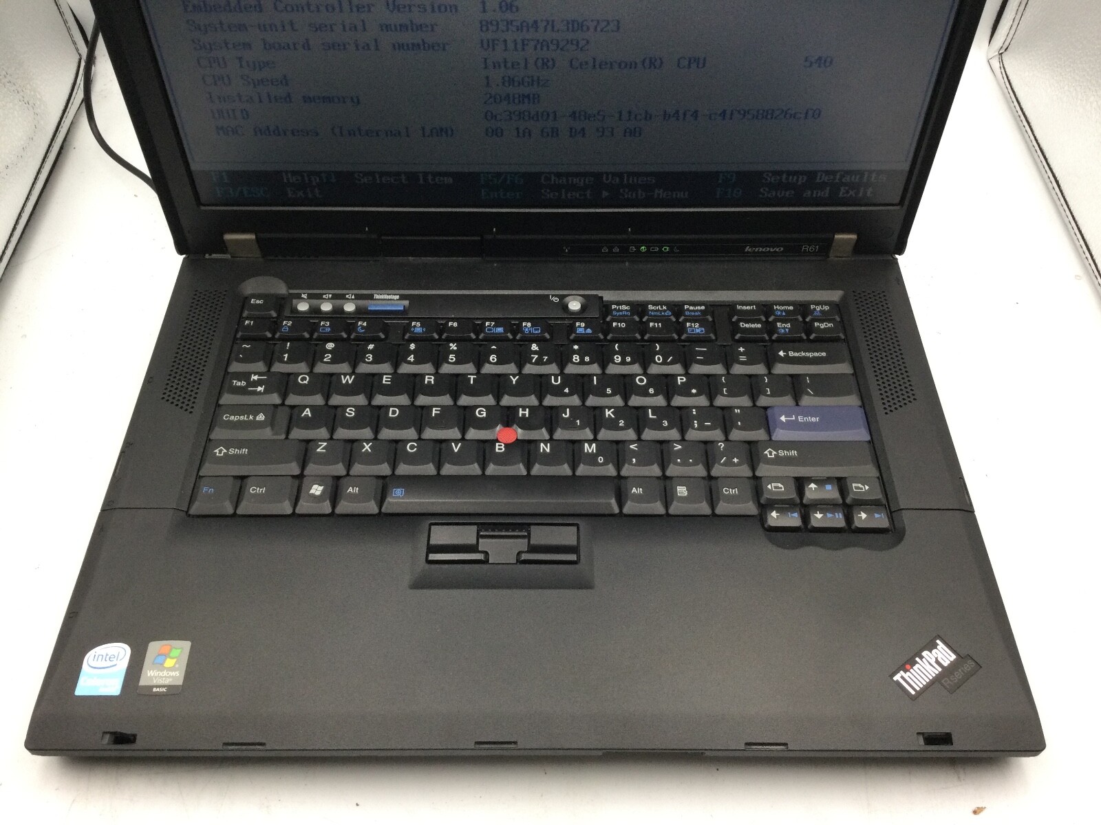 LENOVO THINKPAD R61 – BOOTS TO BIOS – INTEL CELERON – NO RAM – 16″ – READ – BB!