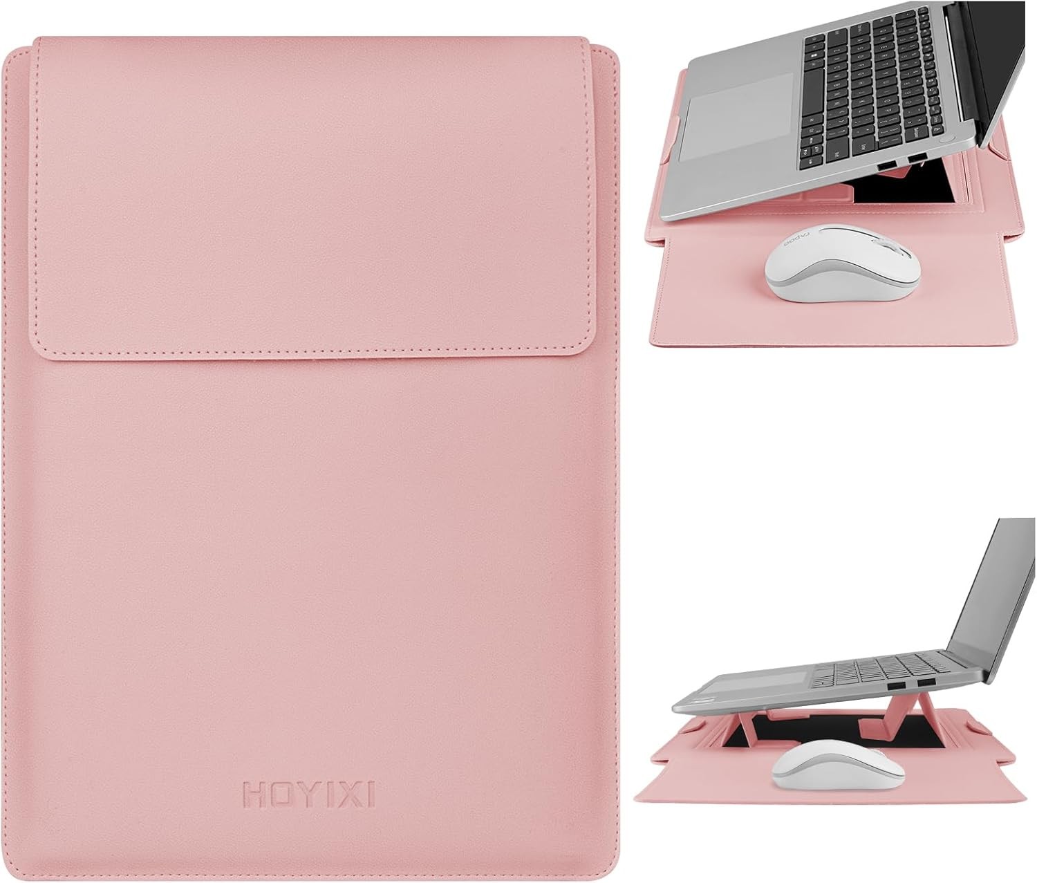 PU Leather Laptop Sleeve Case with Stand for 15.6″ MacBook Pro 16/15.4” Pink