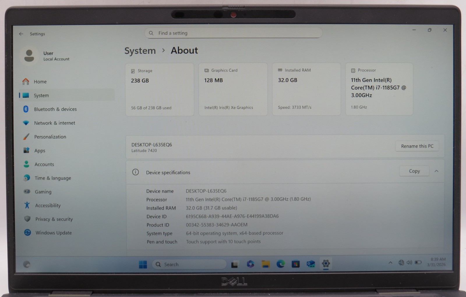 Dell Latitude 7420 i7-1185G7 @ 1.80GHz 32GB DDR4 256GB m2 Win11 Pro