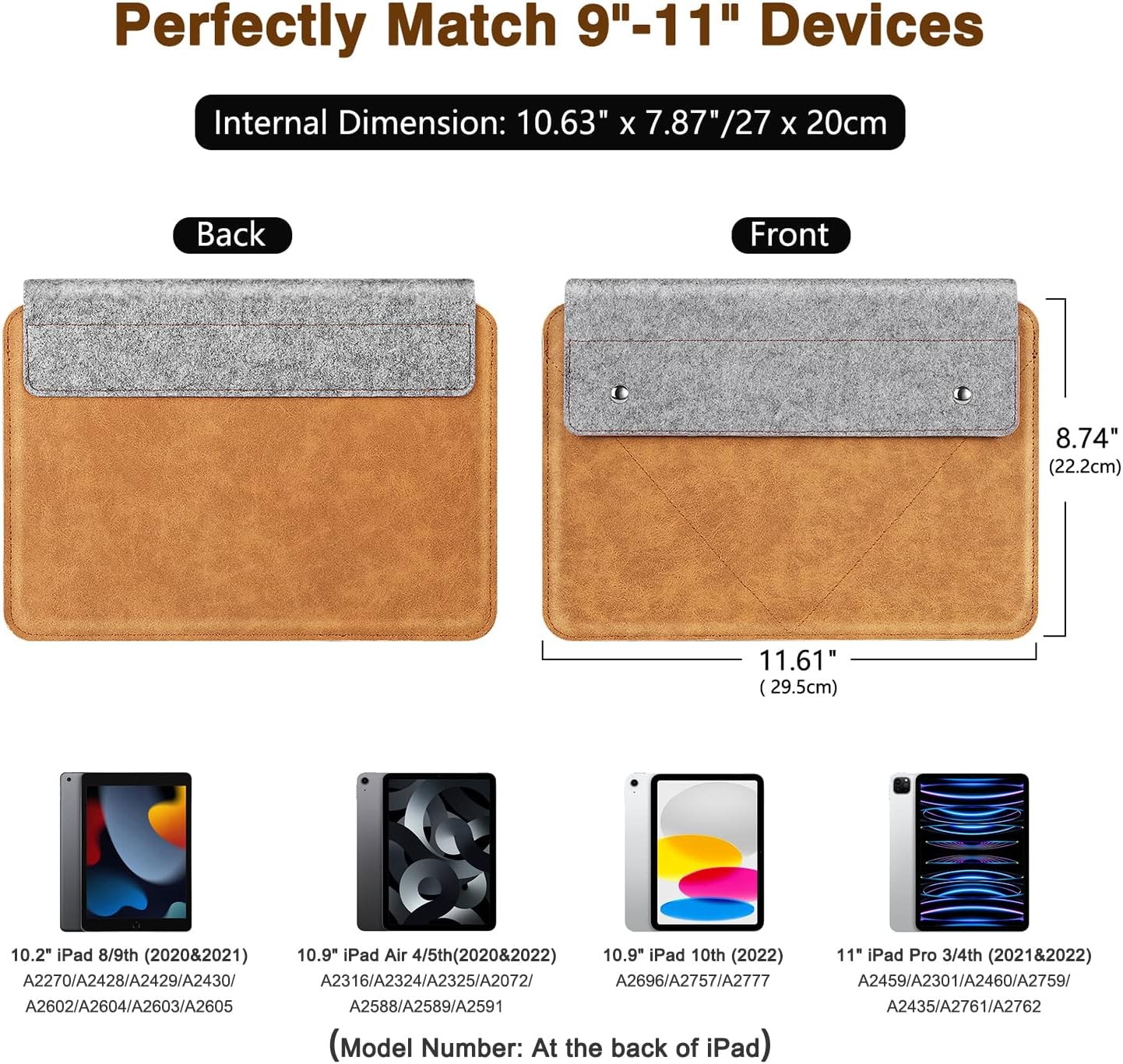 9-11 Inch Felt Leather Tablet Sleeve Bag Carrying Case Fits New 11-inch iPad Air