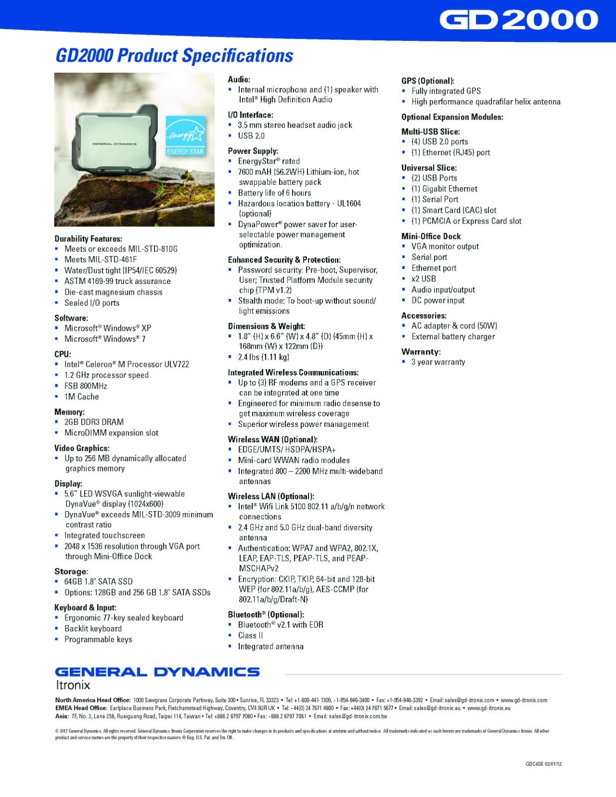 General Dynamics GD2000 Rugged Military Laptop Base UMPC 2GB GPS NEW