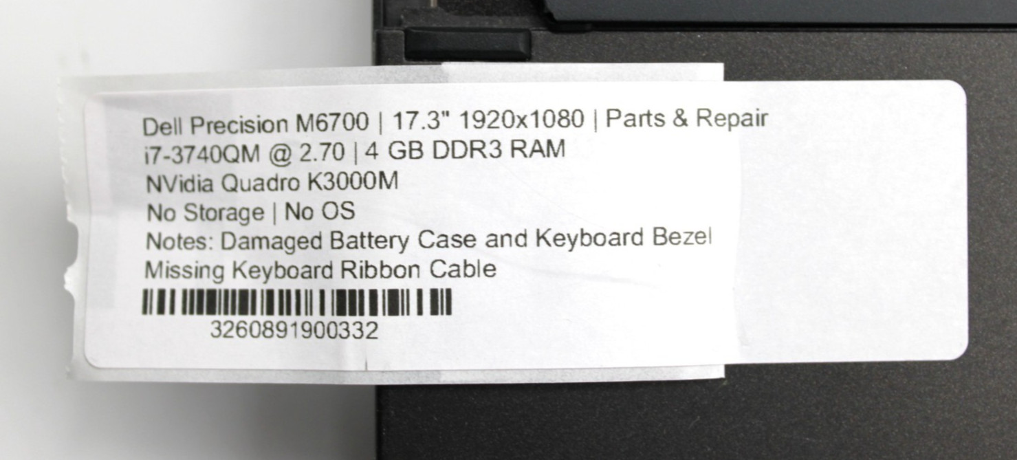 Dell Precision M6700 i7-3740QM@2.70GHz 4GB DDR3 NO STORAGE OR OS *USED/TESTED*
