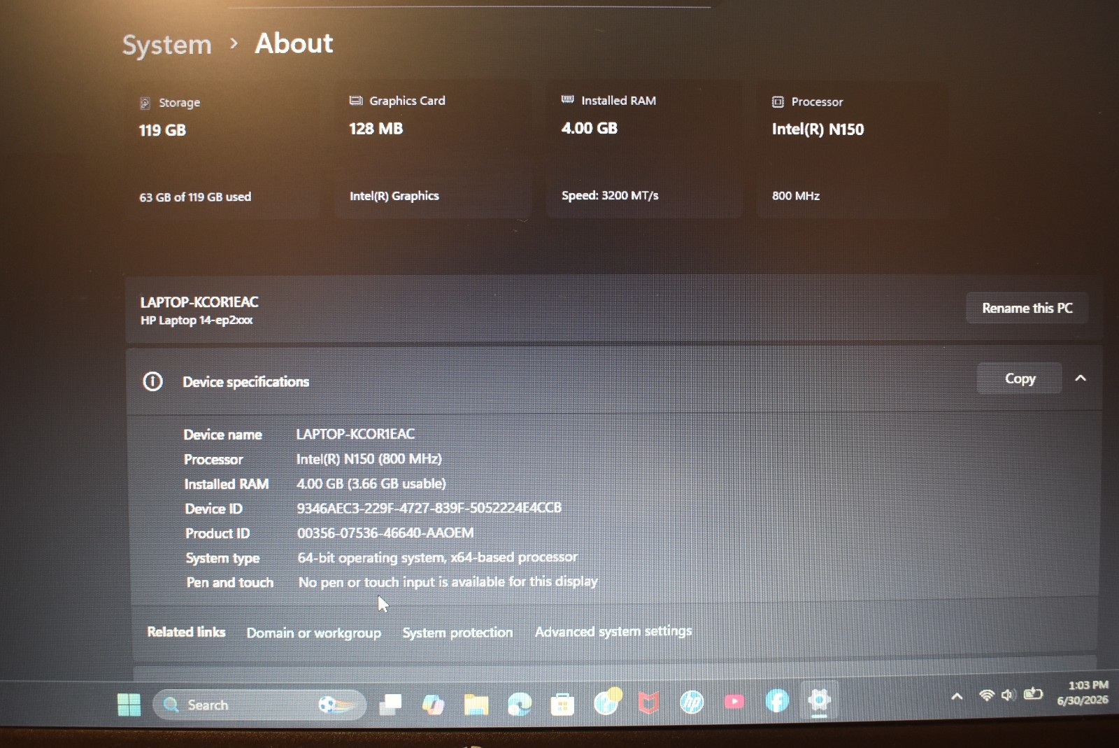 HP 14-ep2011wm Laptop 14″ Intel N150 4GB Ram 128GB SSD Win11H – Pink