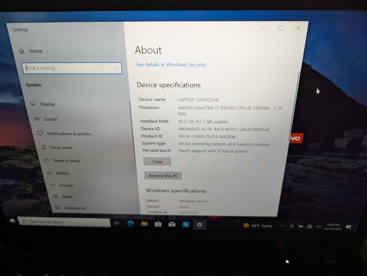 Lenovo T14 G1 i7-10610U 48GB RAM/500 GB SSD – Win 10 Pro TOUCHSCREEN