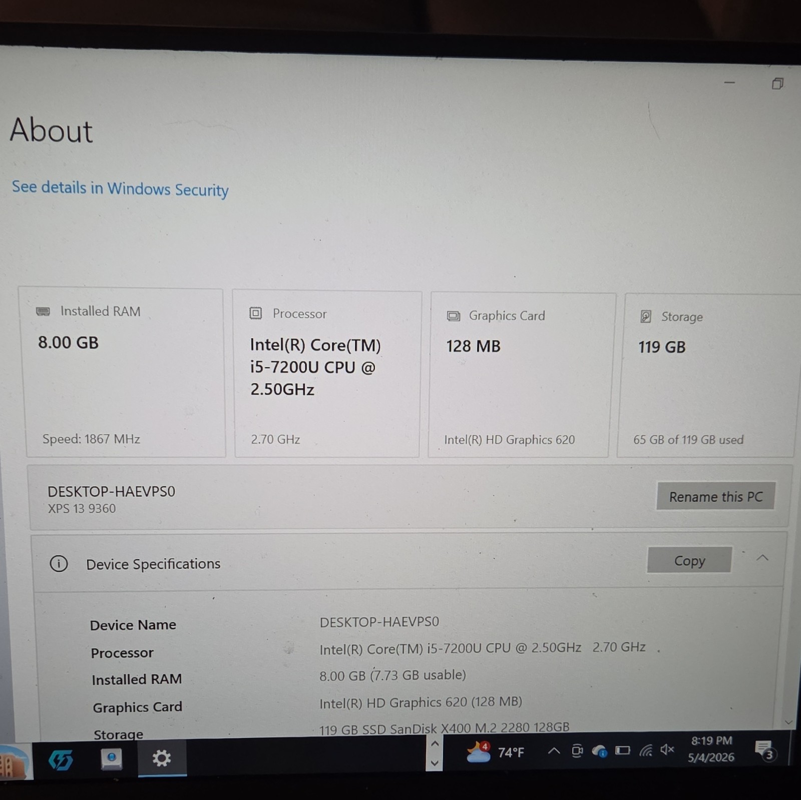 Dell XPS 13 9360 Laptop i5-7200U 8GB RAM 119GB SSD 14″ Silver Win 10 Pro