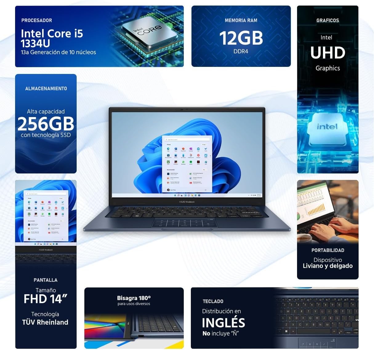 Asus Vivobook 14 – FHD – i5-1334U – 12GB RAM – 256GB SSD – Quiet Blue
