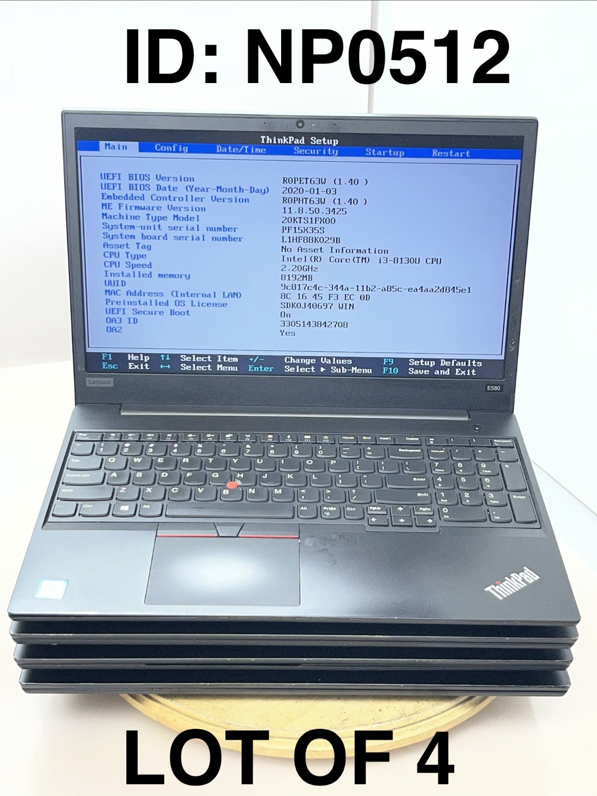 Lot(4) Lenovo Thinkpad 15.6″ i3-8130U@2.20GHz 8GB NO SSD/ NO OS BIOS TESTED*Read