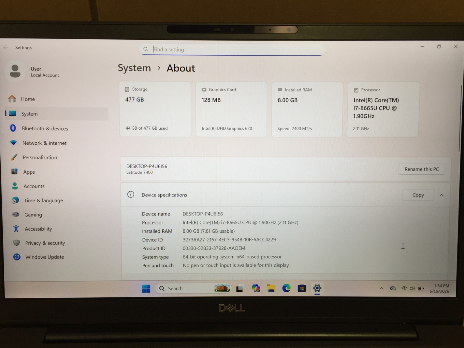Dell Latitude 7400 14″ FHD Laptop Core i7-8665U 8GB RAM 512GB SSD w/AC Adapter