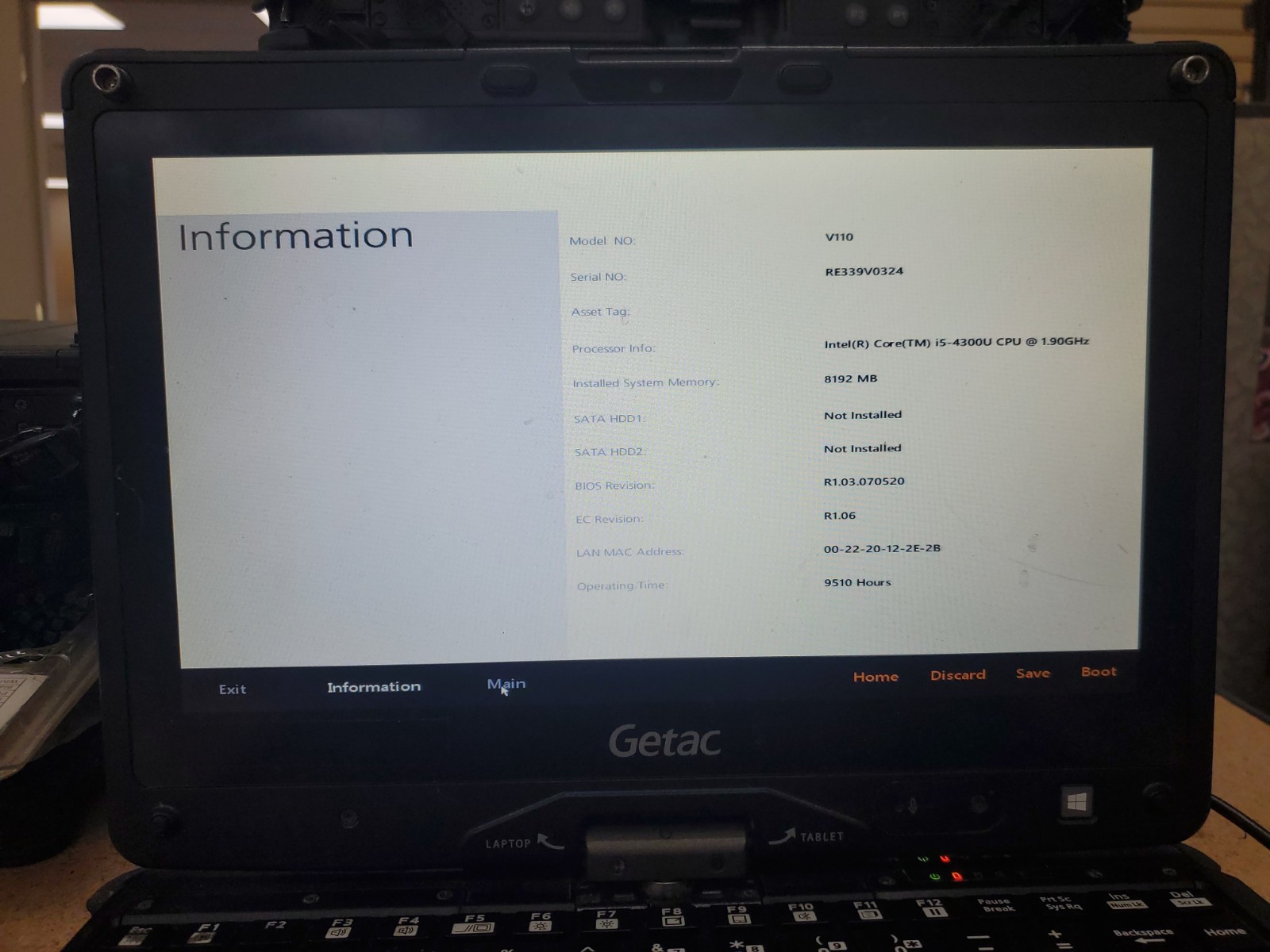 GETAC V110 Laptop Tablet Touch Screen i5-4300U 1.90GHz 8gB No HDD 9510hrs