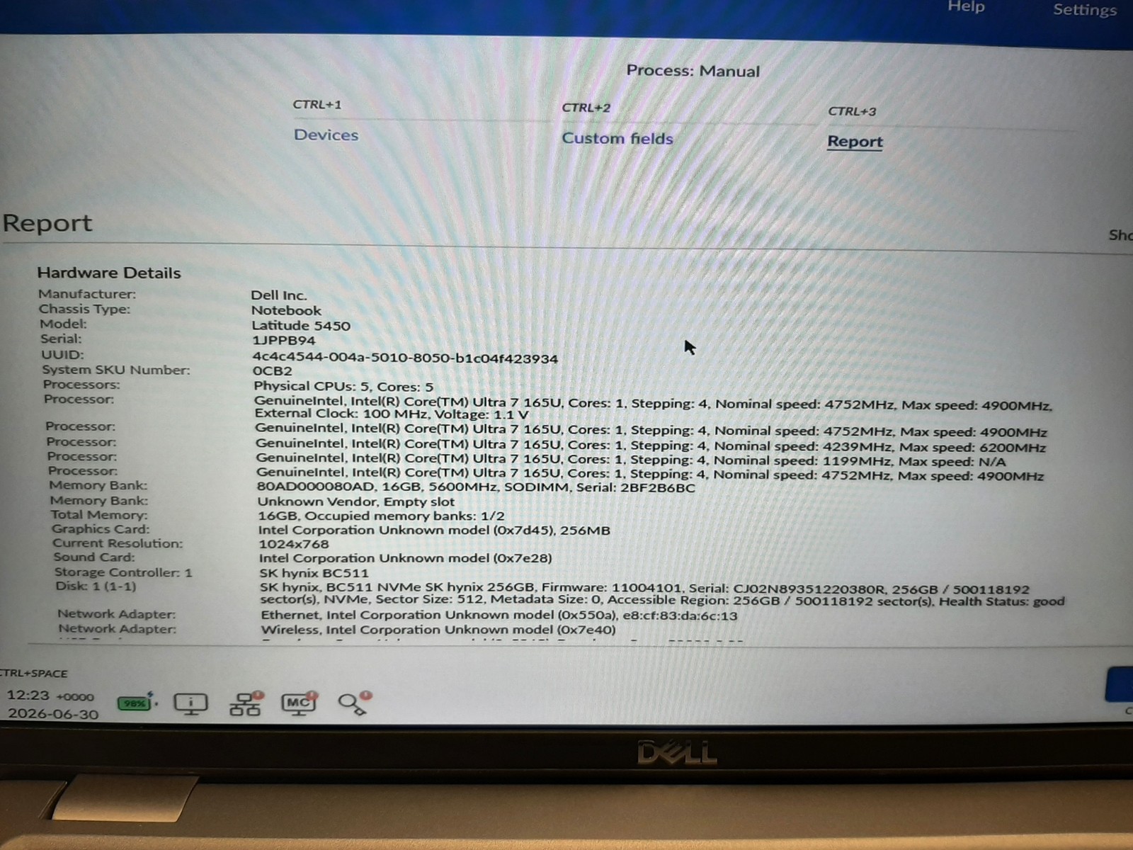 Dell Latitude 5450, Ultra 7 165U, 1.70GHz, 16GB RAM, 256GB NVMe, No AC C4*284