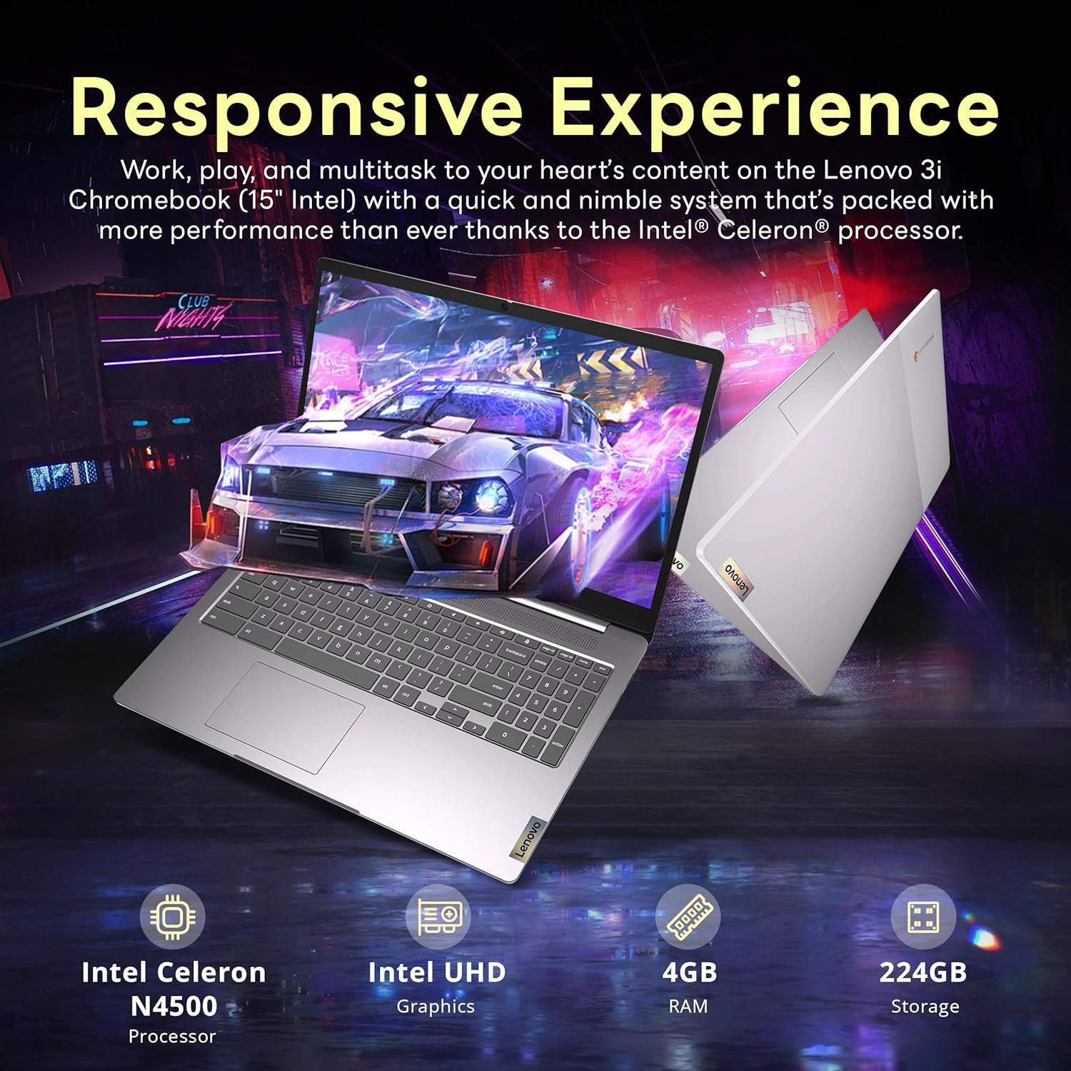 Ideapad 3 15.6″ FHD Chromebook, Intel Celeron N4500, 4GB RAM, 224GB Storage (64G