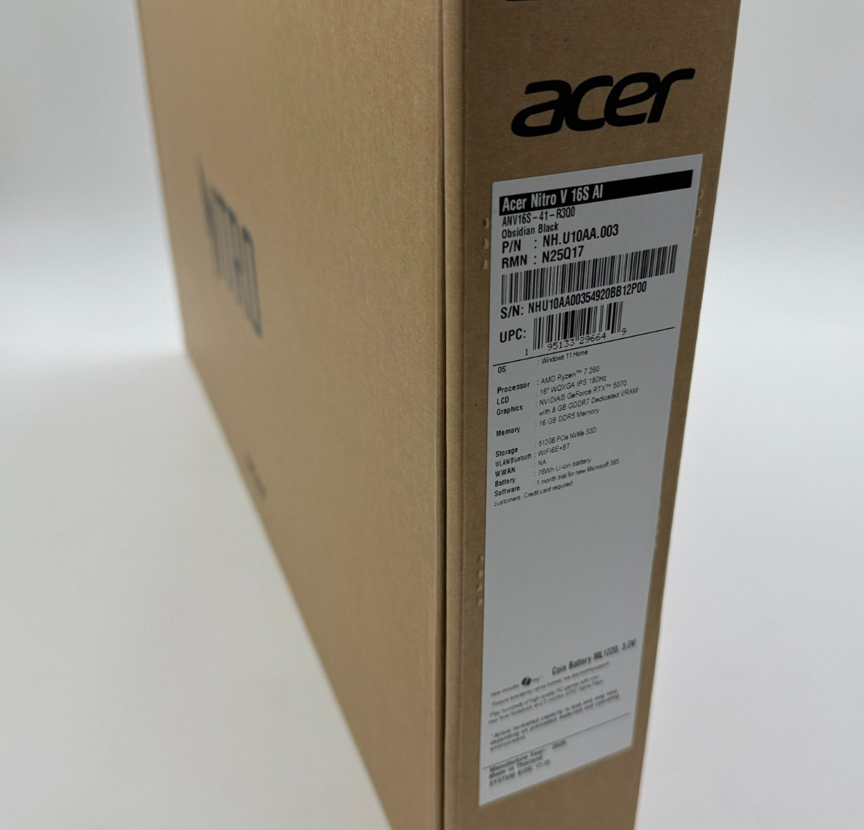 Acer Nitro V Slim 16″ WQXGA 180Hz Ryzen 7 260 RTX 5070 16GB 512GB Gaming Laptop