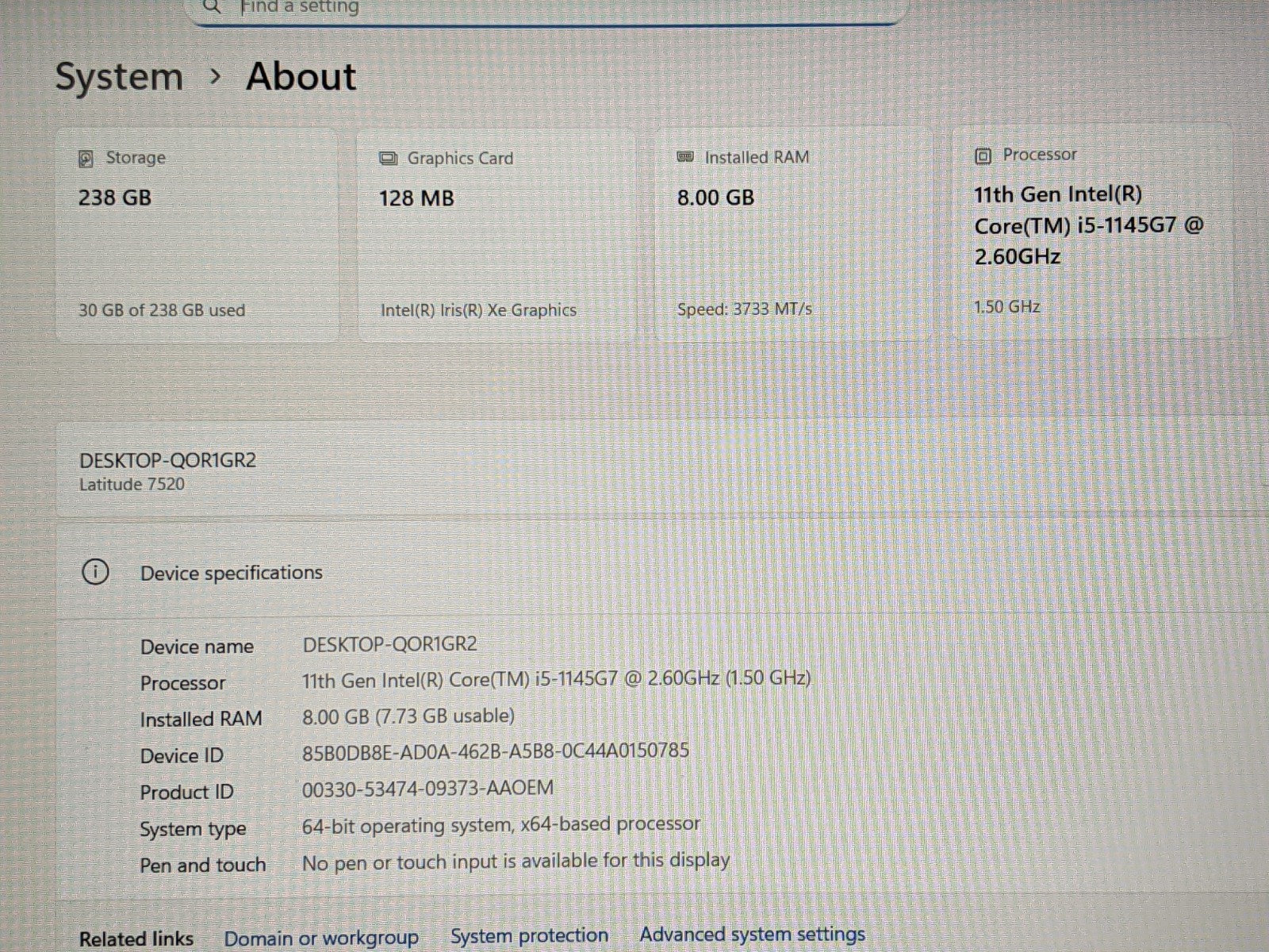 Dell Latitude 7520 15.6″ FHD Intel i5-1145G7 2.6GHz 8GB 256GB SSD Win11Pro +PA