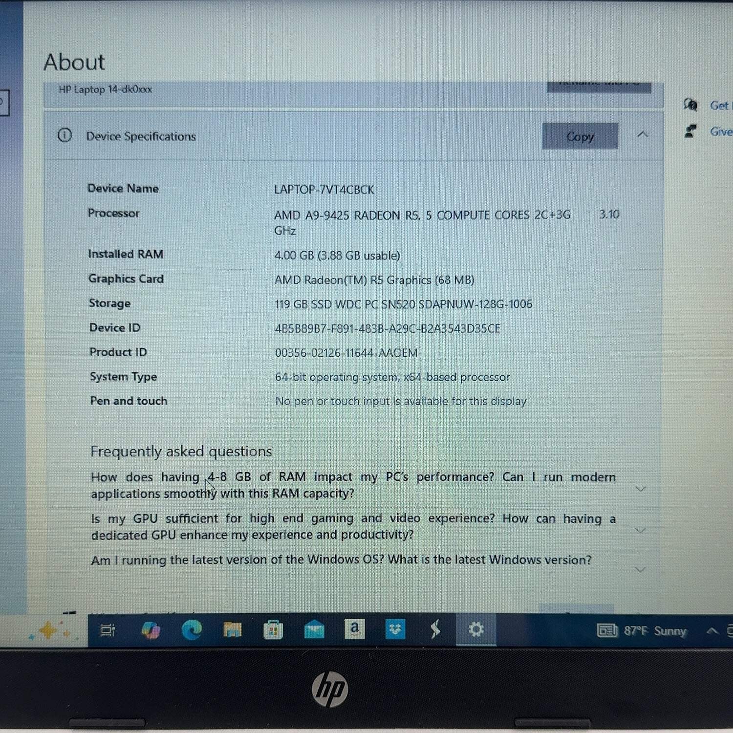 HP NoteBook 14-dk0002dx A9-9425 3.10 4GB RAM 128GB SSD