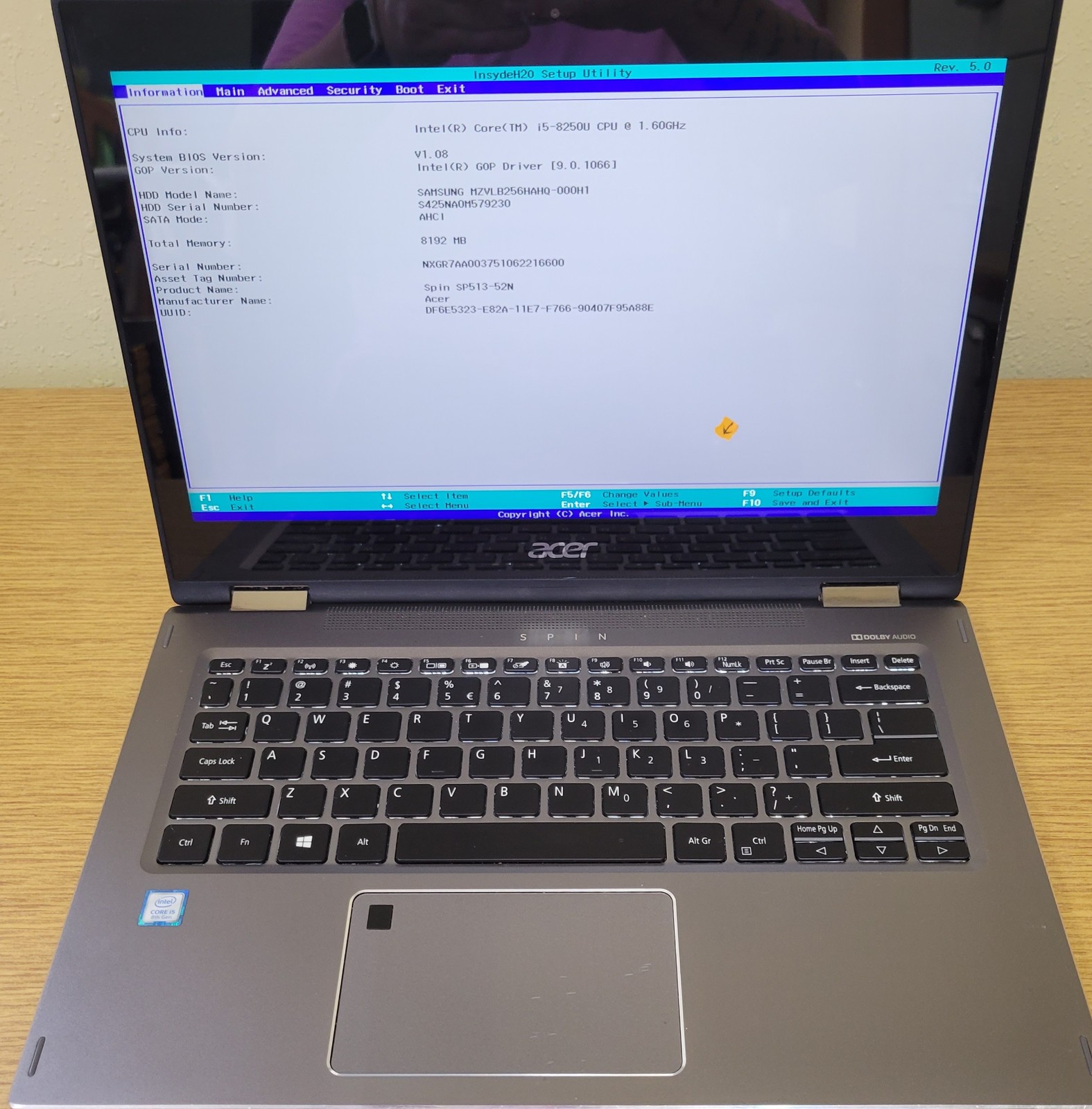 ACER Spin SP513-52N i5-8250U 1.60GHz 8GB 256GB NVMe 360Touch No OS/HDD