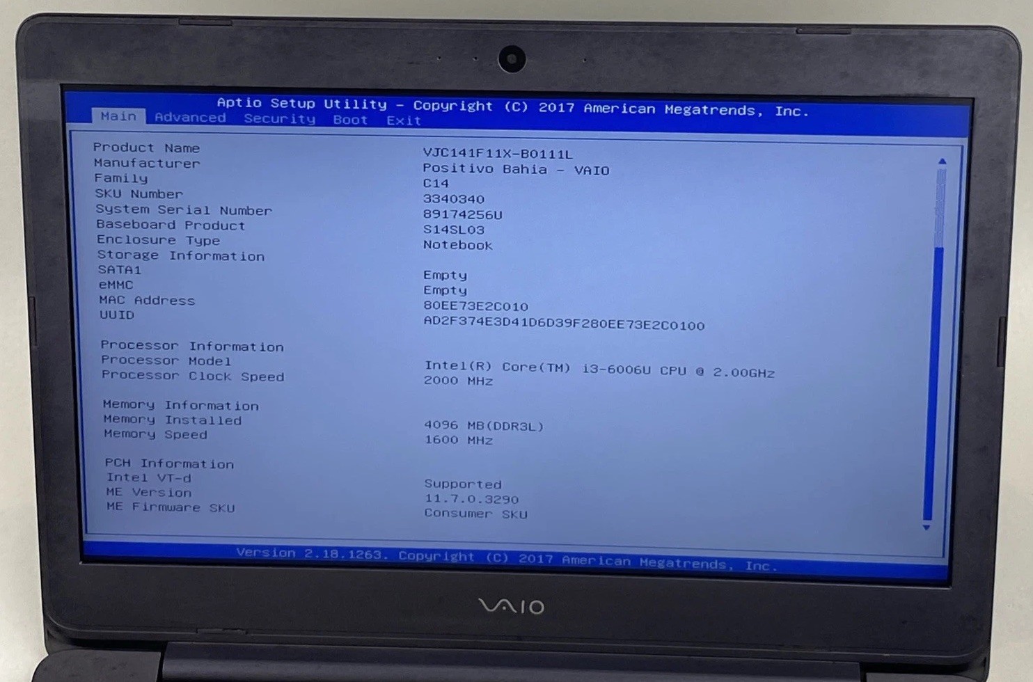 Sony Vaio VJC141 Intel Core i3-6006U 2.00GHz 4GB RAM 14″ No HDD No OS