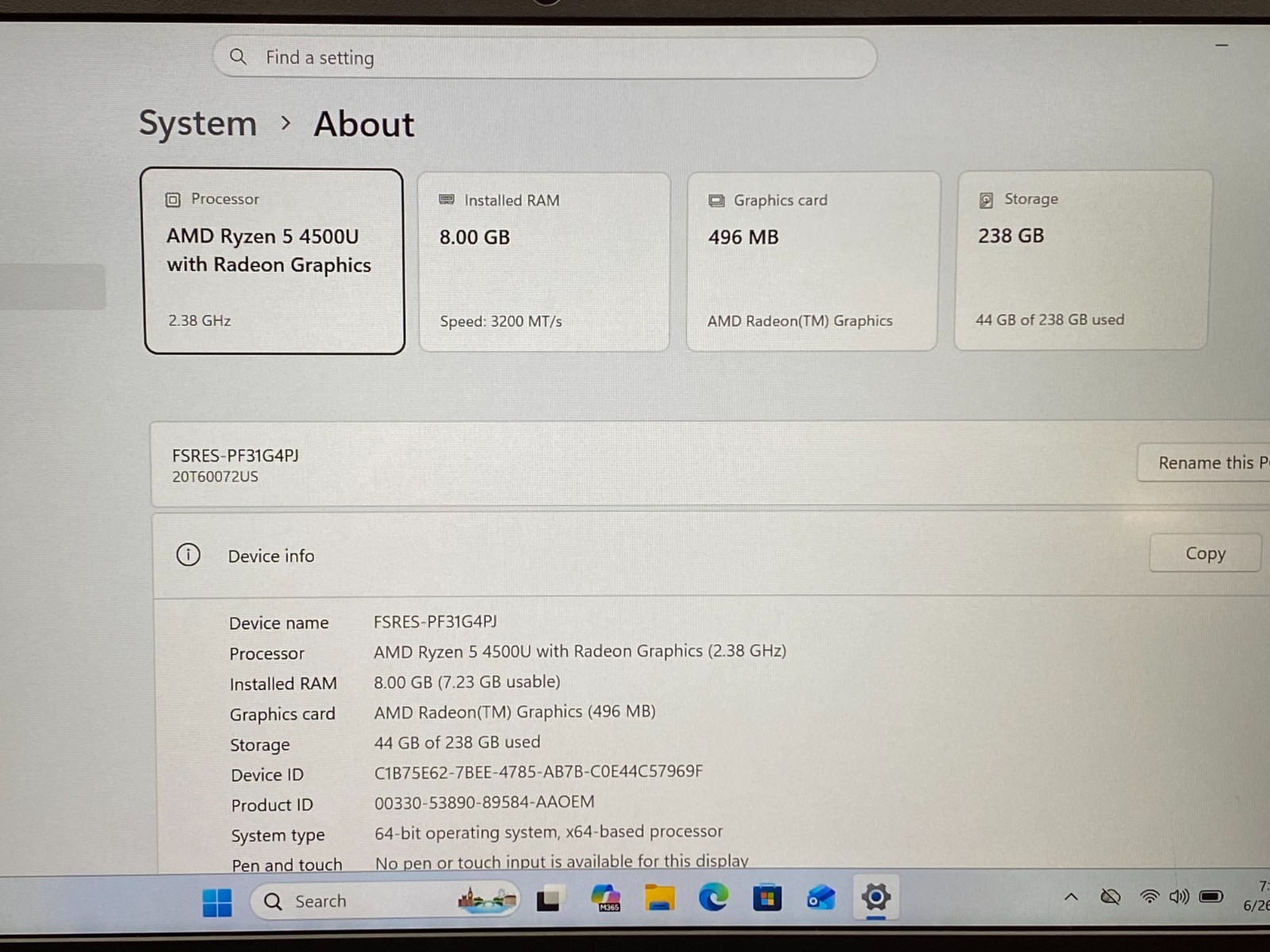 LENOVO THINKPAD E14 GEN 2 AMD RYZEN 5 4500U 8GB RAM 256GB SSD WIN 11 BATTERY 80%
