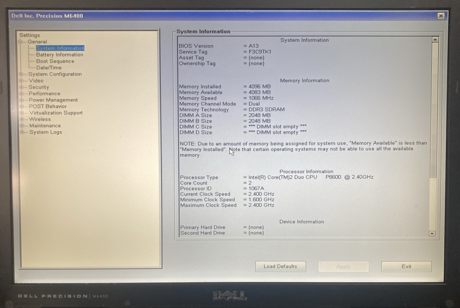 Dell Precision M6400 intel Core 2 Duo P8600 2.40GHz 4GB no HDD Boot to BIOS