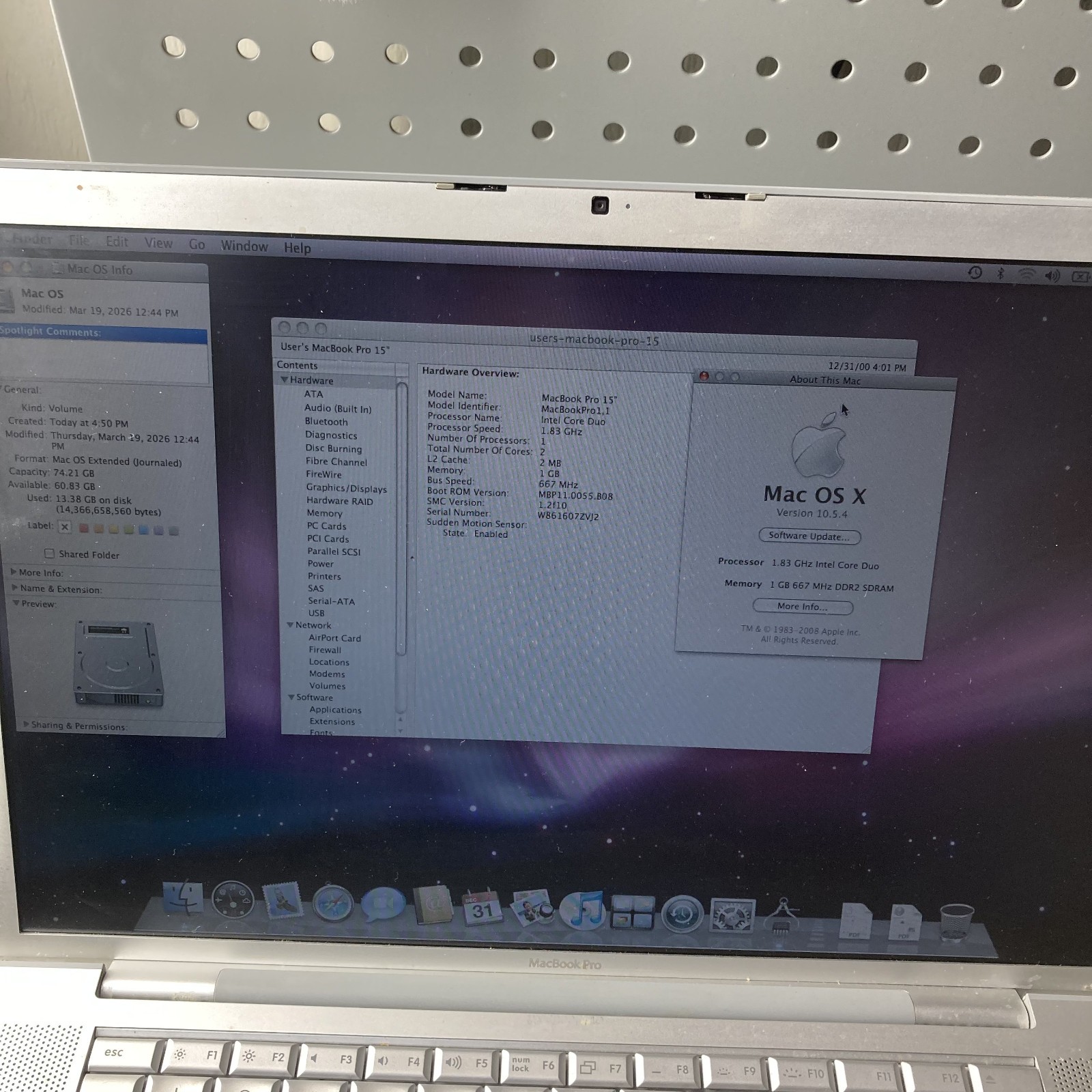 Apple MacBook Pro 15” A1150 Intel Core Duo 1.83GHz 1GB RAM 80GB HDD No Battery