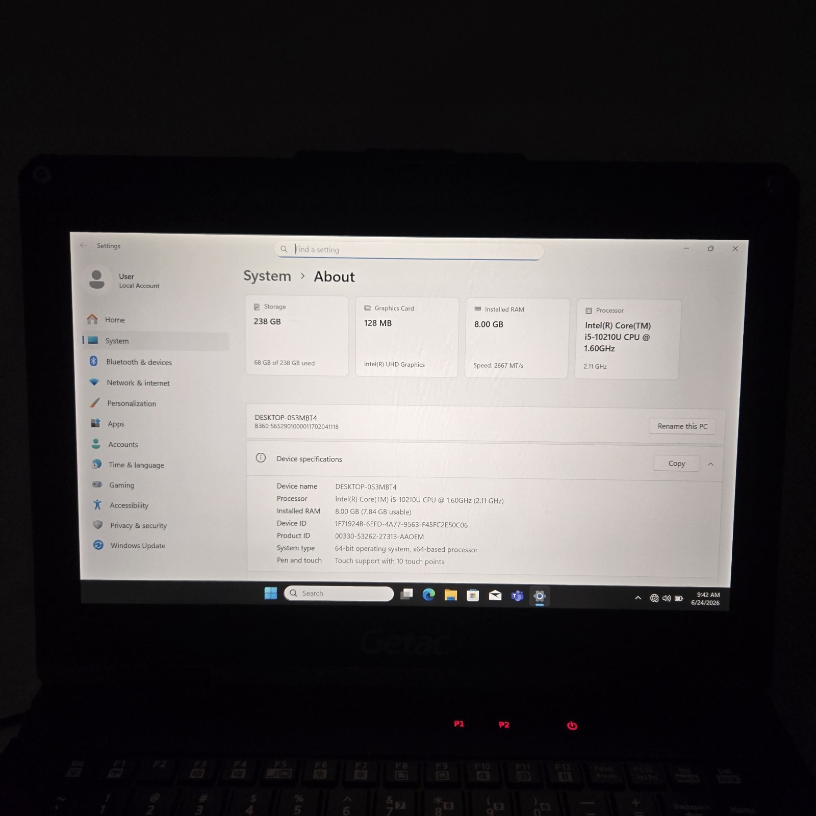 Getac B360 Rugged Laptop i5-10210U 256GB SSD 8GB RAM – 4G LTE – Win11 – Grade B+