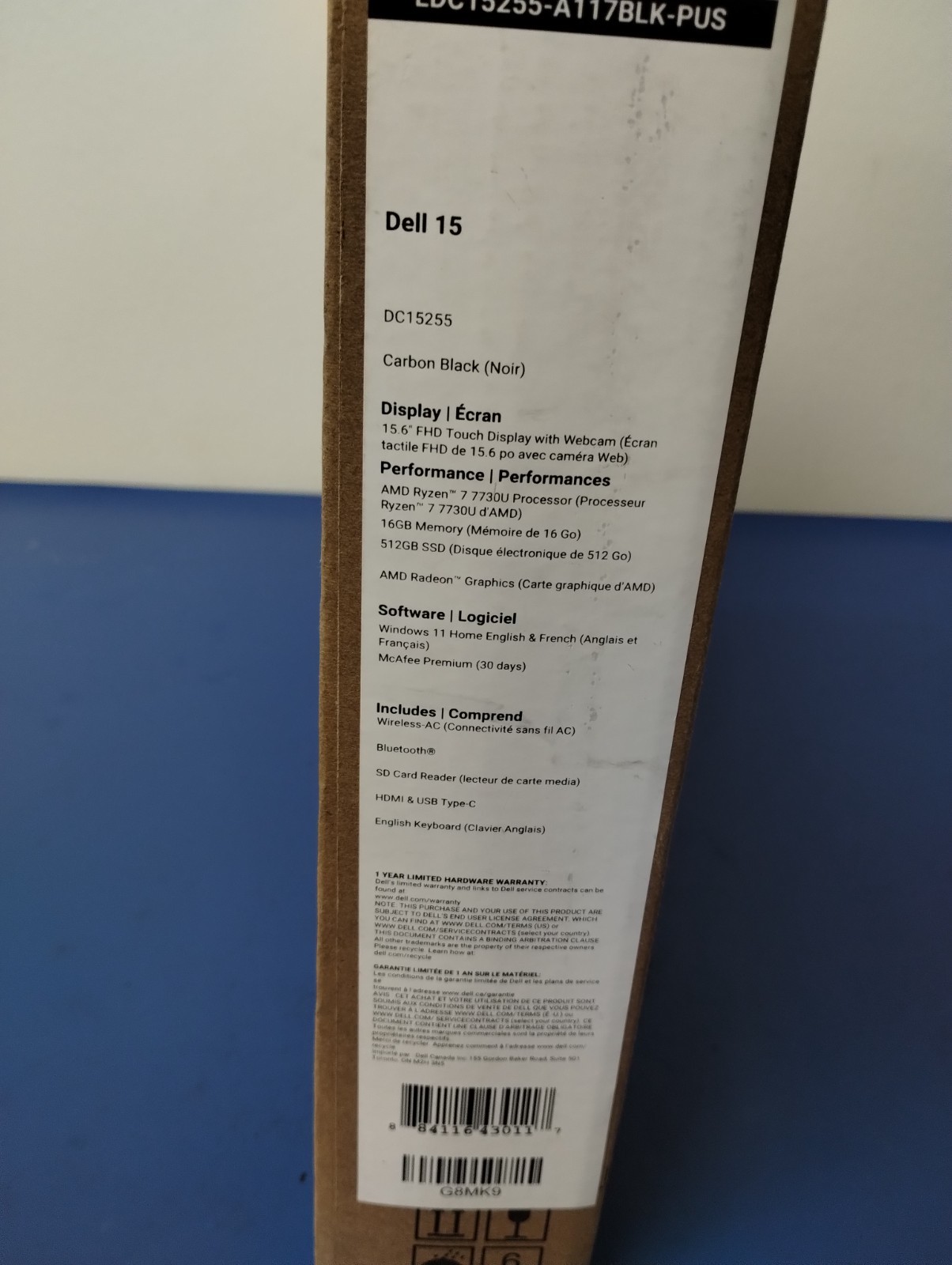 DELL 15 DC15255 G8MK9, AMD Ryzen 7 7730U, 2.00 GHz, 16 GB RAM, 512 GB NVMe SSD