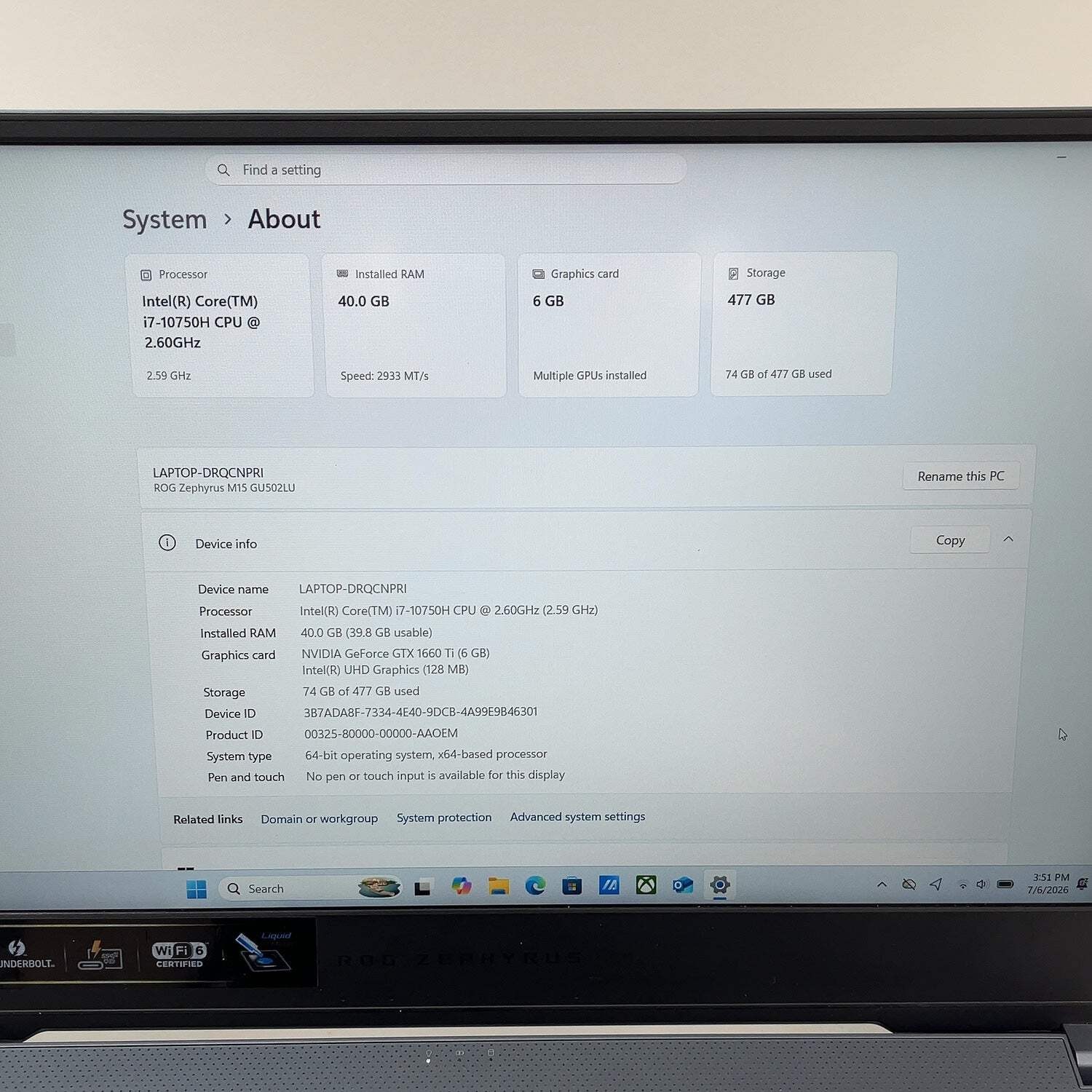 Asus ROG Zephyrus M15 GU502LU 15.6″ i7-10750H 2.6GHz 40GB 512GB SSD GTX 1660 Ti
