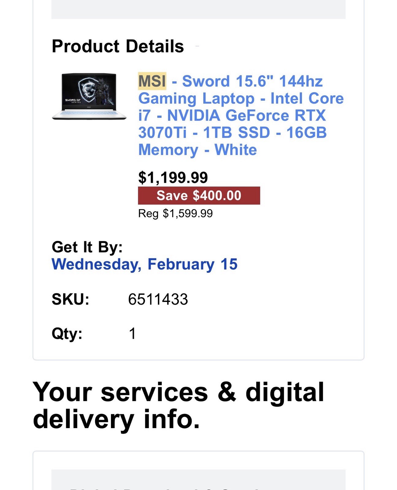 MSI Sword 15.6″ Gaming Laptop Intel i7 RTX 3070 Ti 16GB RAM 1TB SSD White