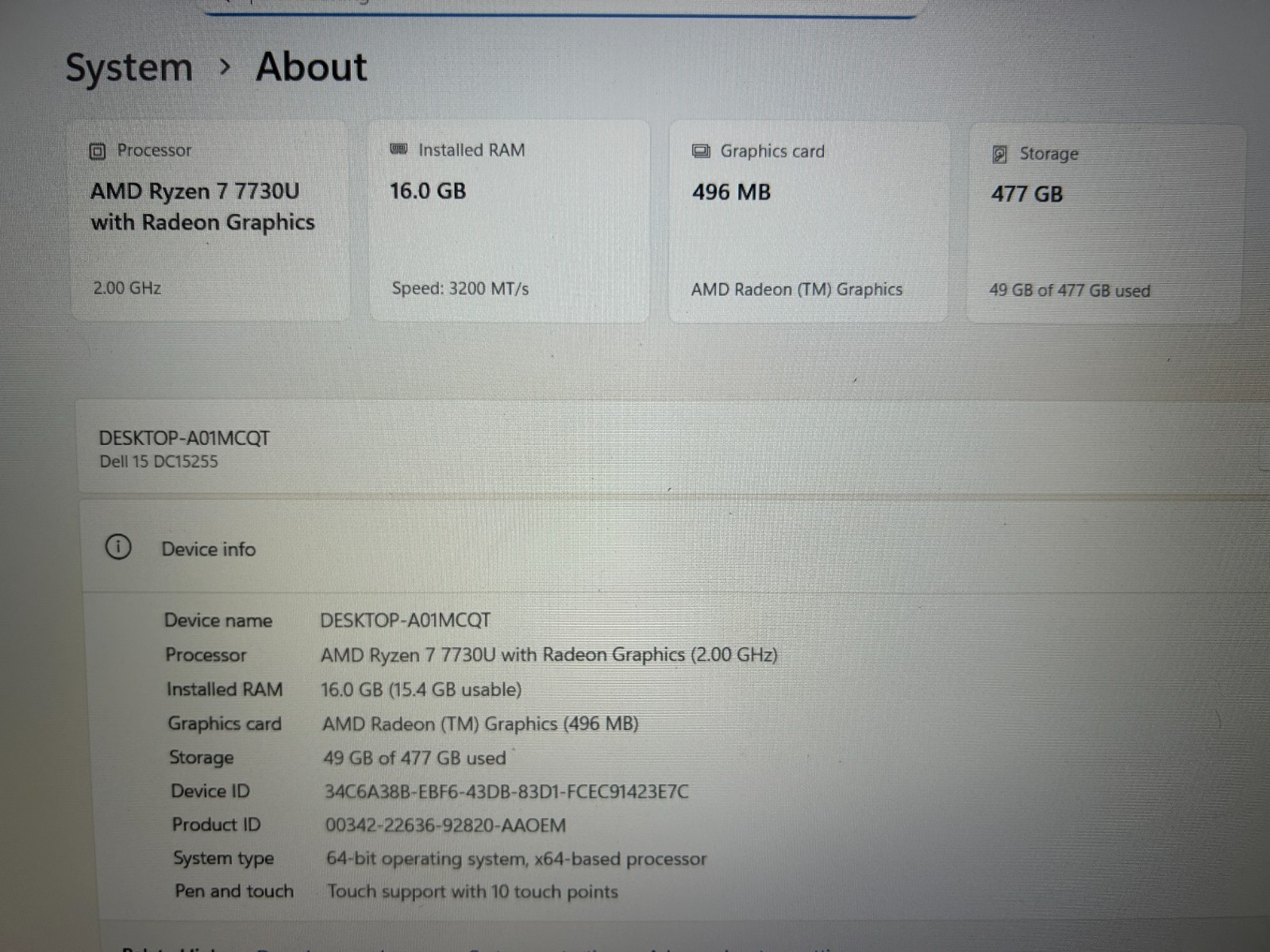DELL 15 DC15255 G8MK9, AMD Ryzen 7 7730U, 2.00 GHz, 16 GB RAM, 512 GB NVMe SSD