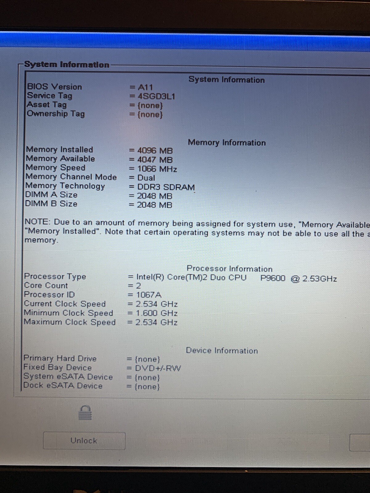 Dell Latitude E4300 Laptop Intel C2D P9600 2.53 GHz 4 GB No HDD/AC AS IS Parts