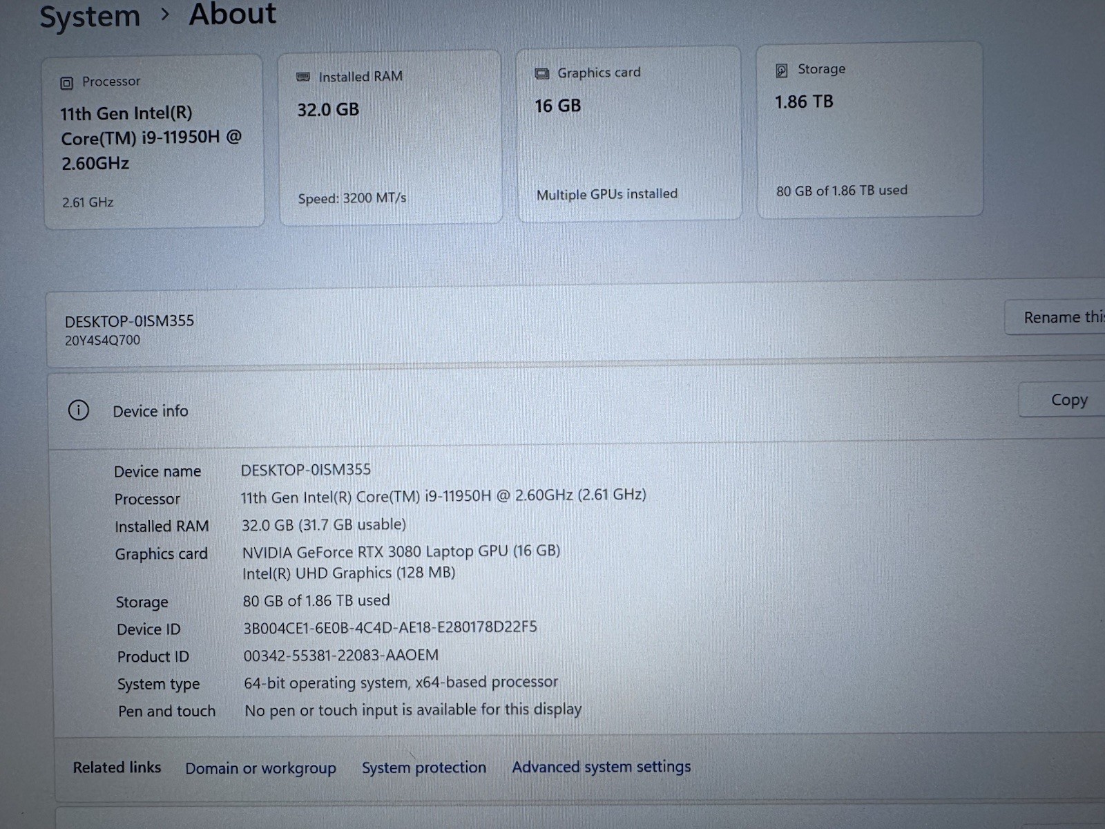 Lenovo ThinkPad P1 Gen 4 i9-11950H 2TB SSD 32GB MEM RTX 3080 16GB Win11Pro WQXGA