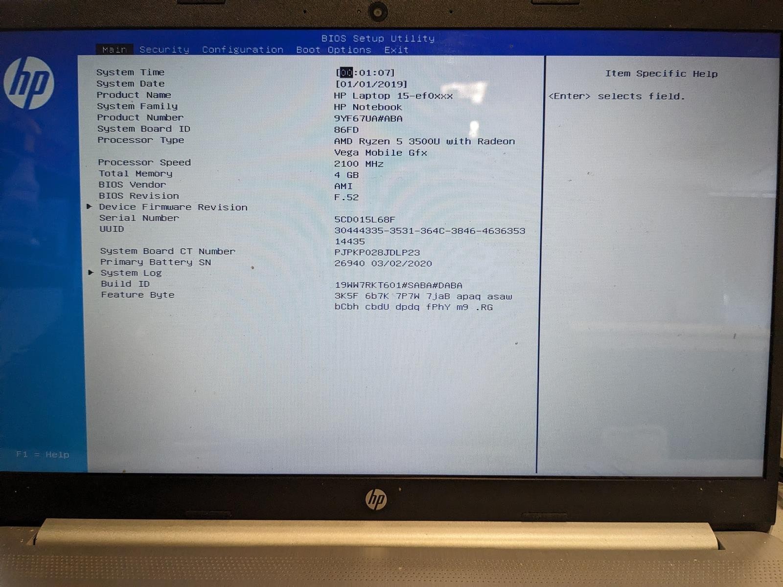 HP LAPTOP 15-EF0023DX RYZEN 5 3500U @ 2.10GHz, 4GB RAM, NO HDD/OS