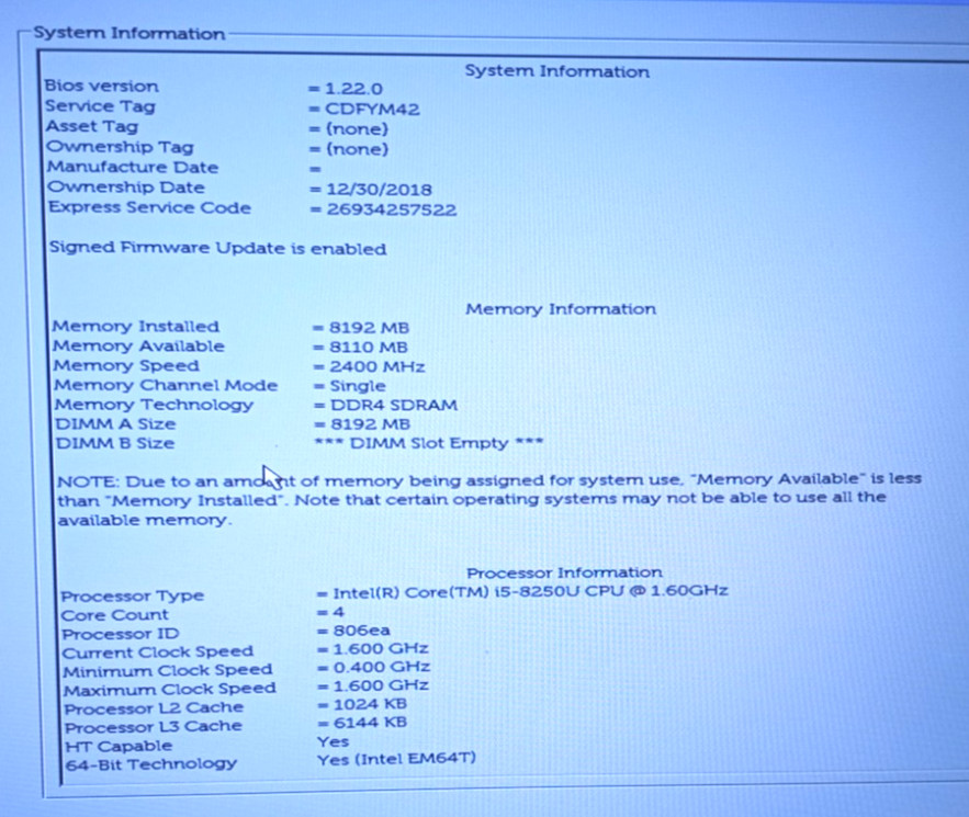 Dell Vostro 5471 i5-8250U@1.60GHz 8GB RAM 256GB NVMe Win11Pro No Battery MC460*