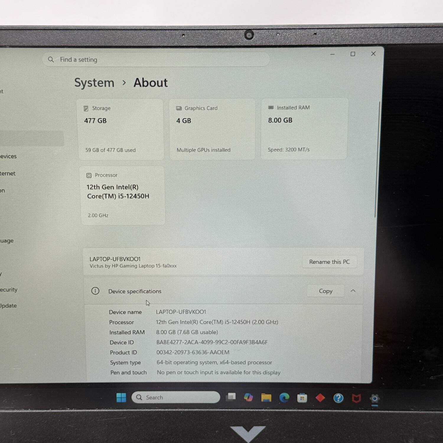 HP Victus UFBVK001 15.6″ i5-12450H 2.0GHz 8GB RAM 512GB SSD GeForce GTX 1650